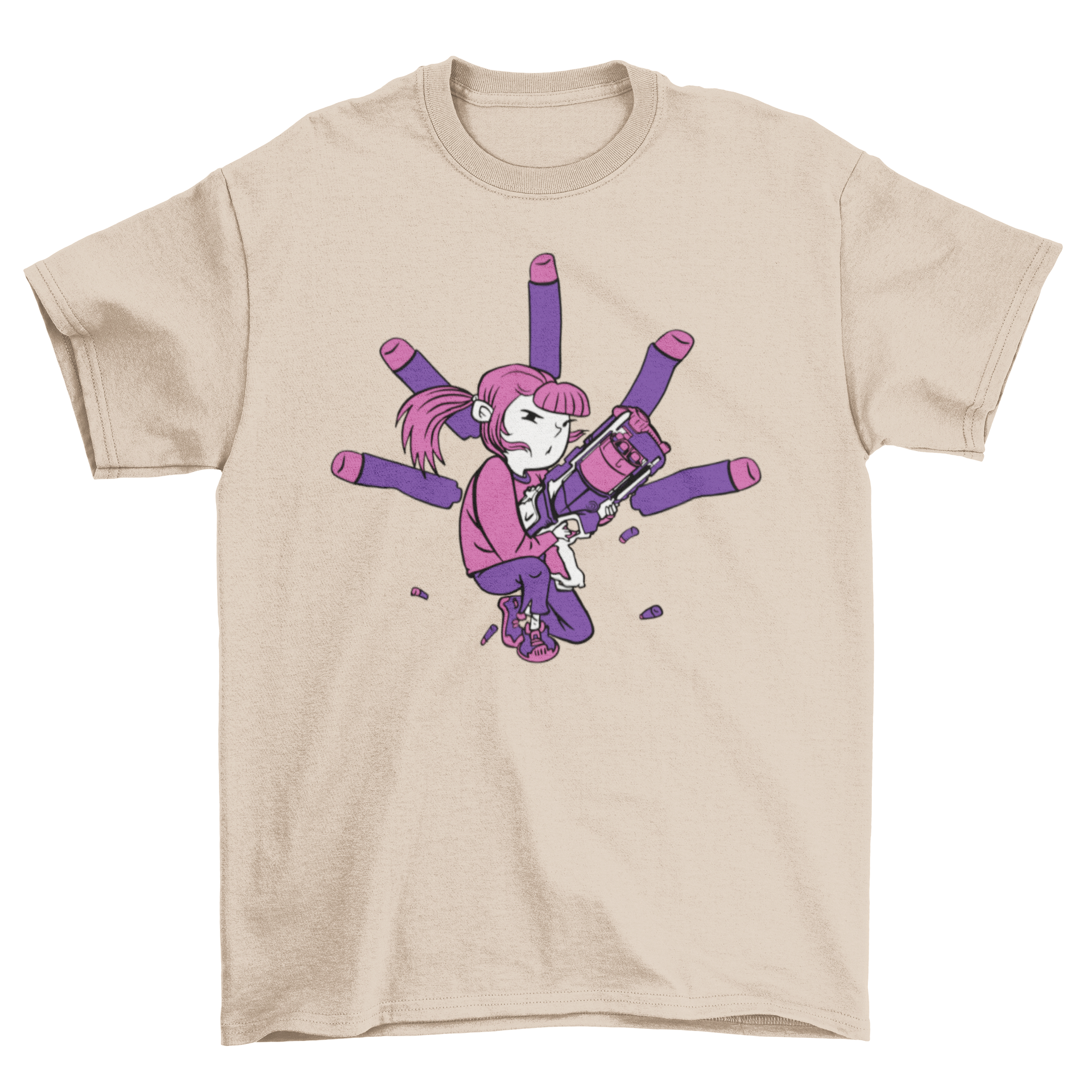 A vibrant t-shirt featuring a girl shooting foam bullets from a dart gun in neon colors.