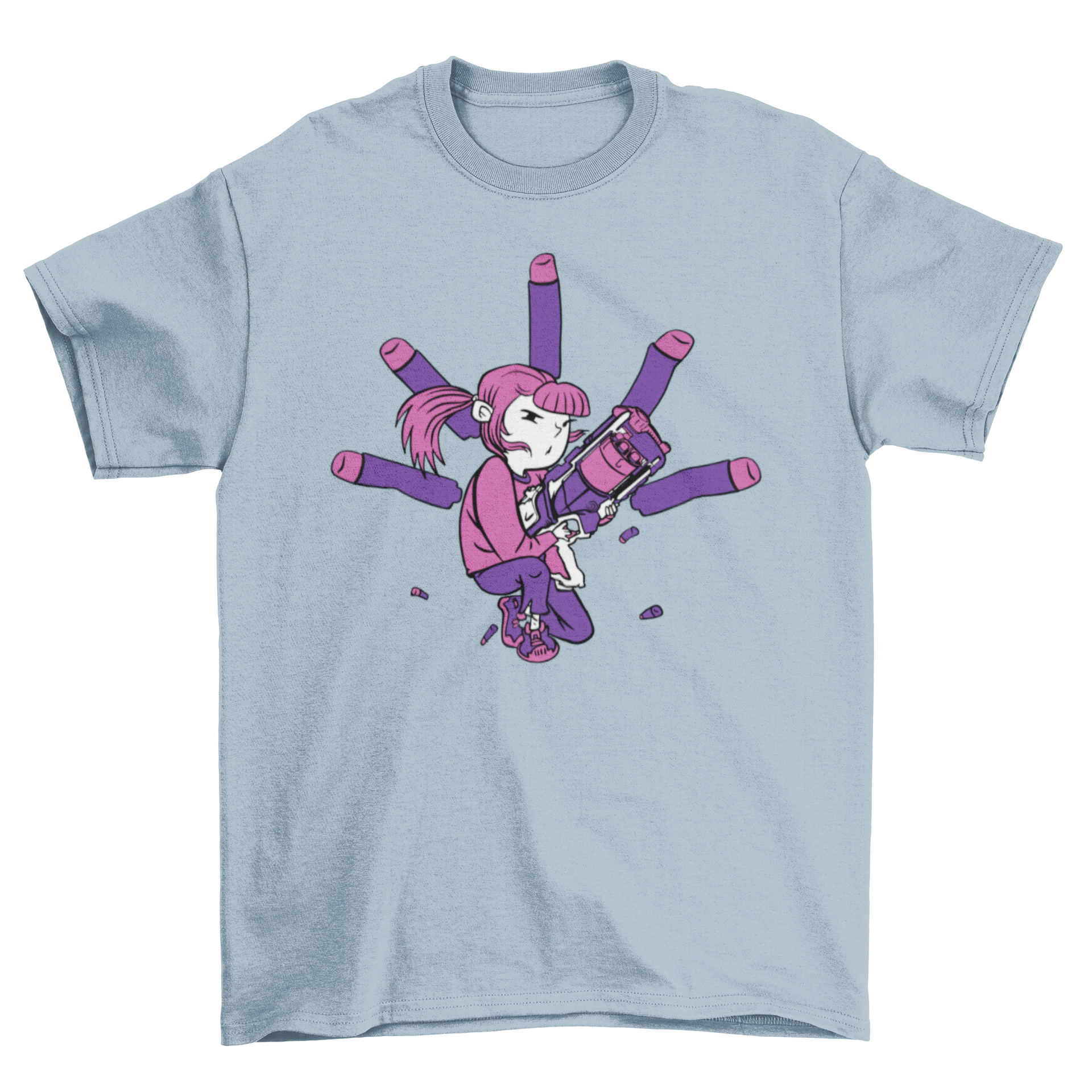 A vibrant t-shirt featuring a girl shooting foam bullets from a dart gun in neon colors.