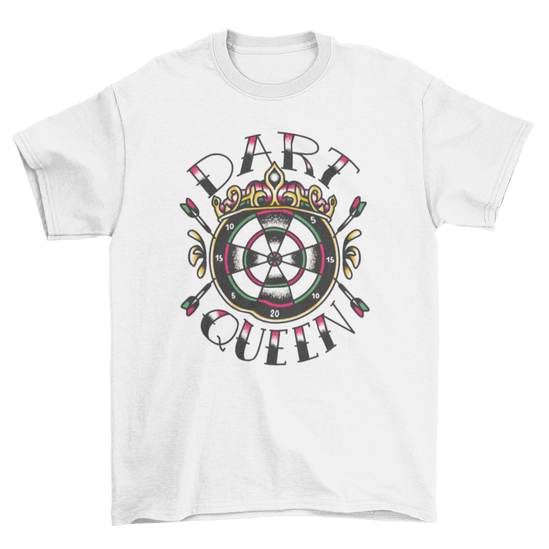 Dart Queen quote t-shirt featuring a dartboard and crown design, perfect for female dart enthusiasts.