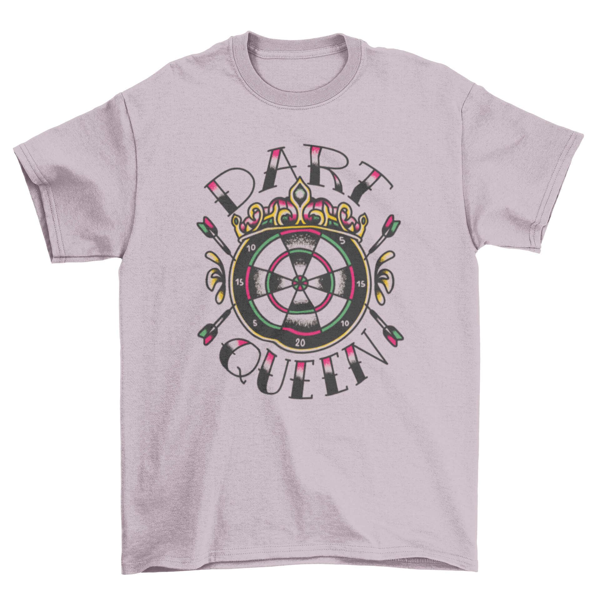 Dart Queen quote t-shirt featuring a dartboard and crown design, perfect for female dart enthusiasts.