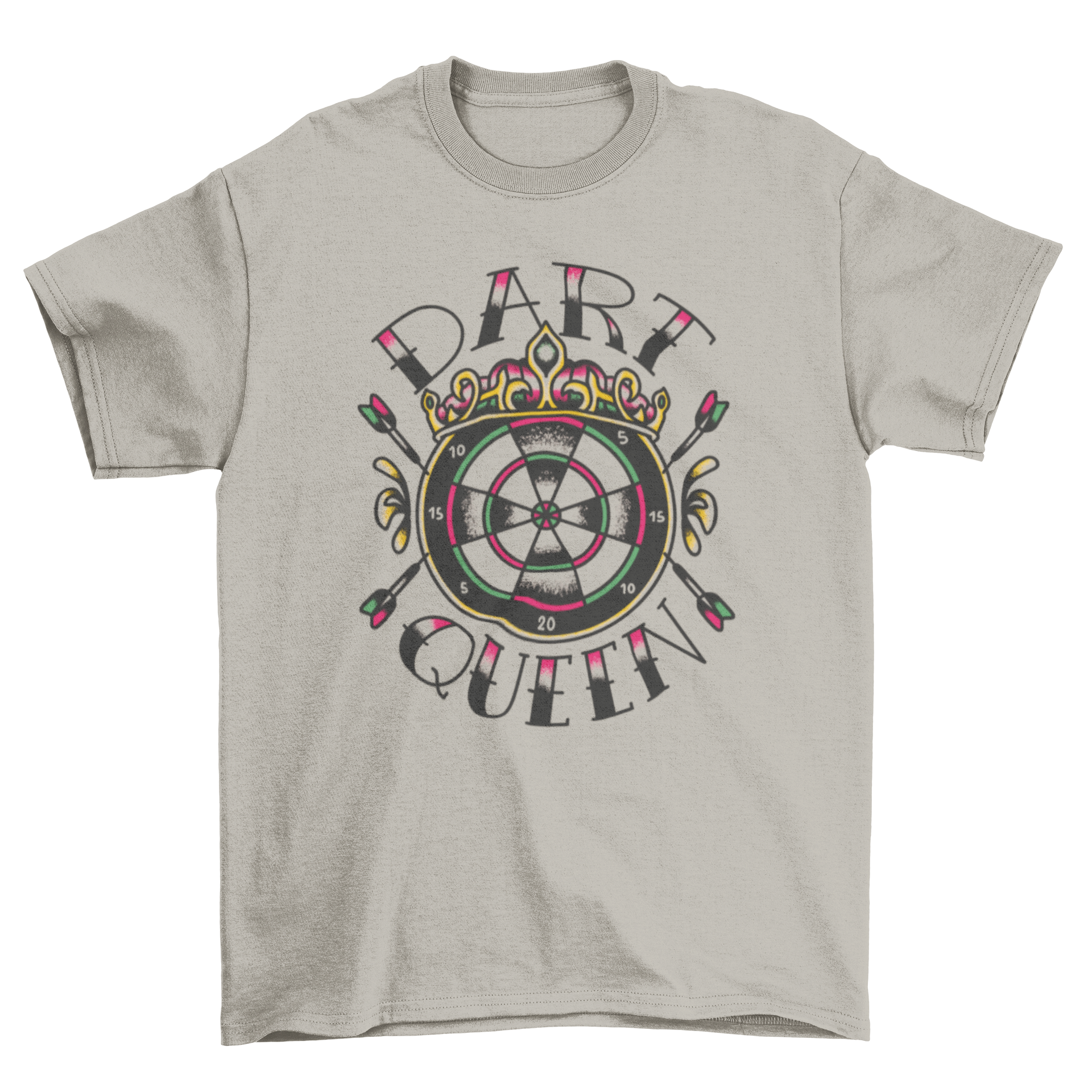 Dart Queen quote t-shirt featuring a dartboard and crown design, perfect for female dart enthusiasts.