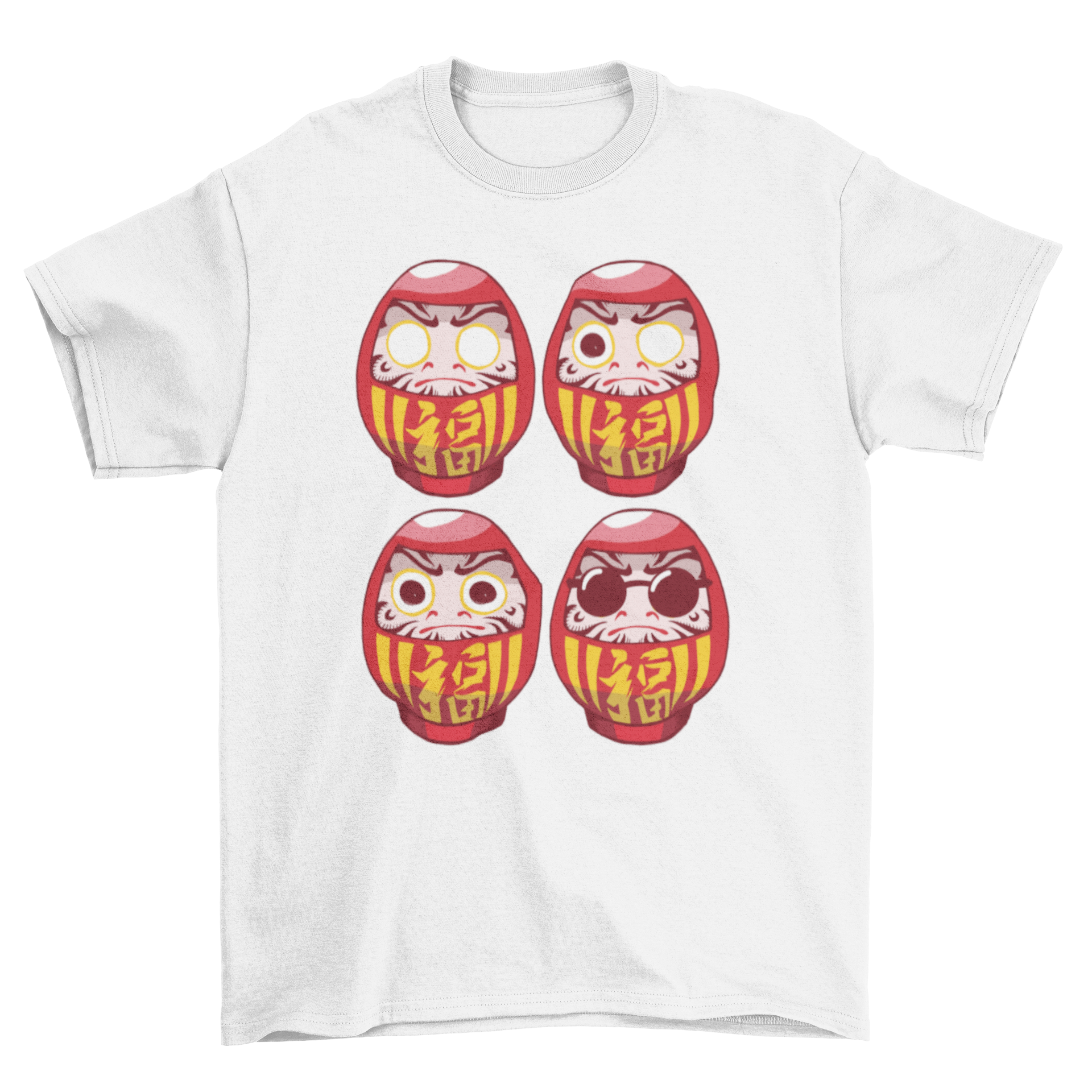 Daruma Sunglasses T-shirt featuring four colorful Daruma dolls, one wearing stylish sunglasses.