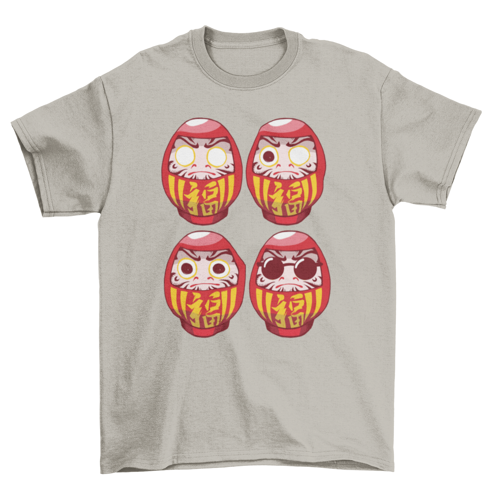 Daruma Sunglasses T-shirt featuring four colorful Daruma dolls, one wearing stylish sunglasses.