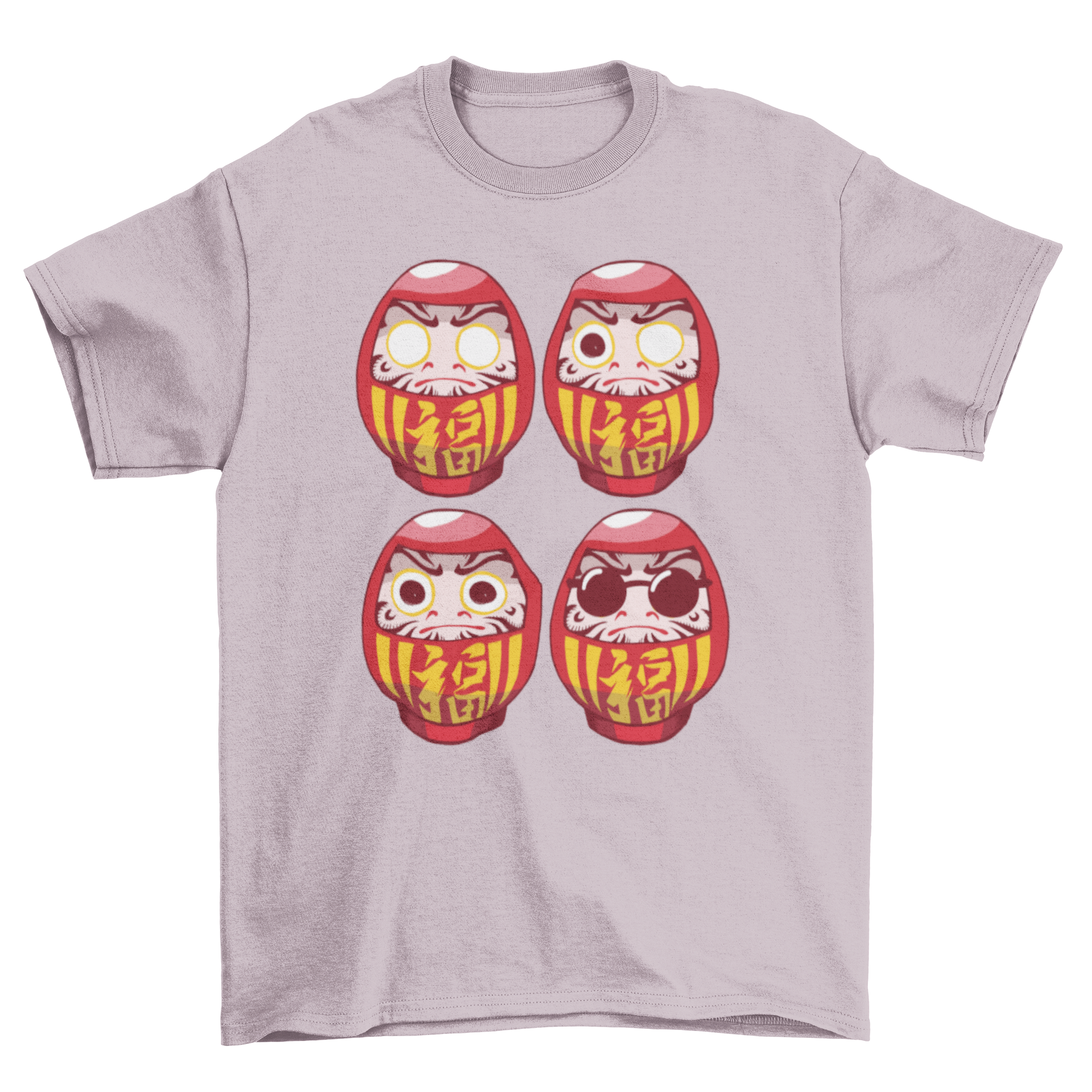 Daruma Sunglasses T-shirt featuring four colorful Daruma dolls, one wearing stylish sunglasses.