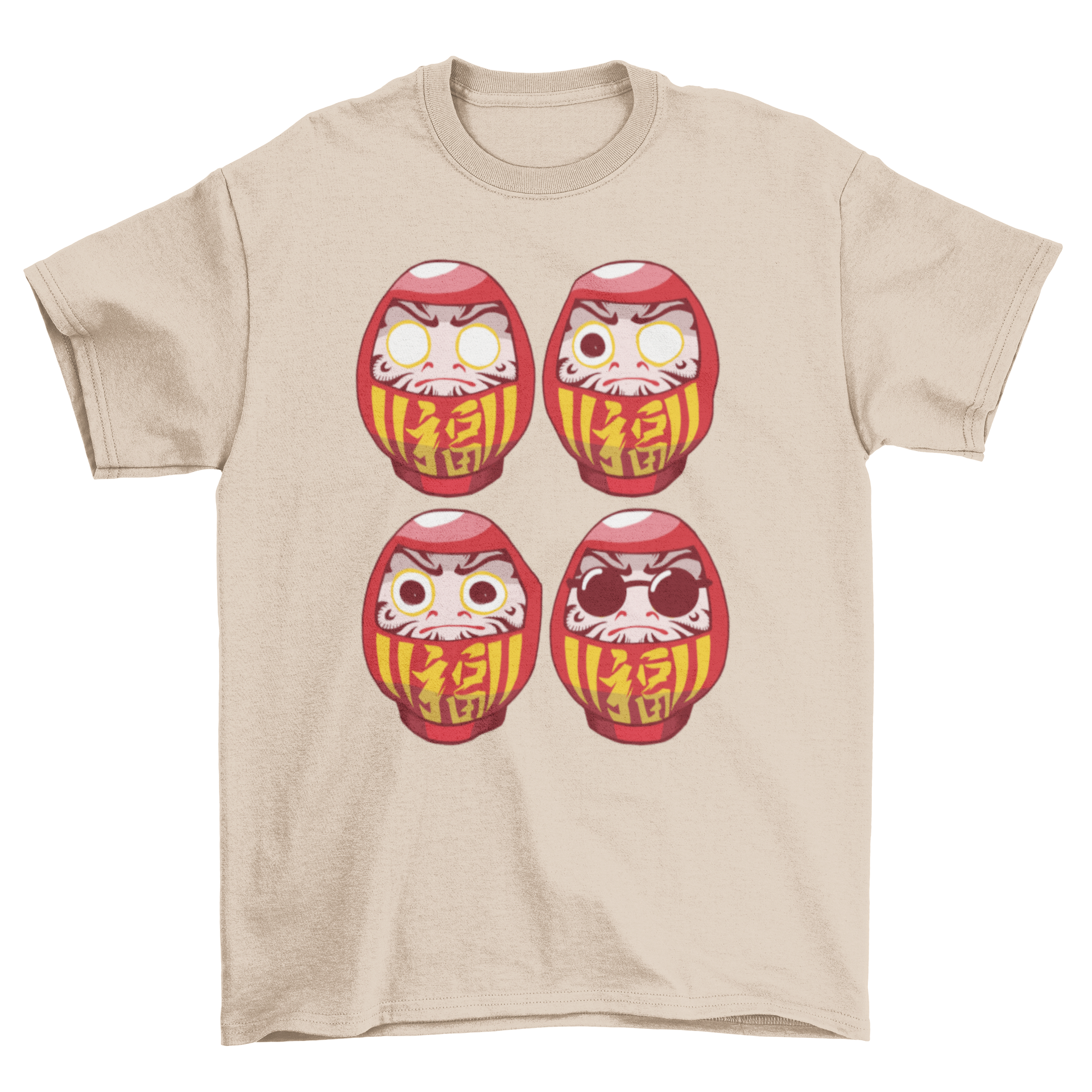 Daruma Sunglasses T-shirt featuring four colorful Daruma dolls, one wearing stylish sunglasses.