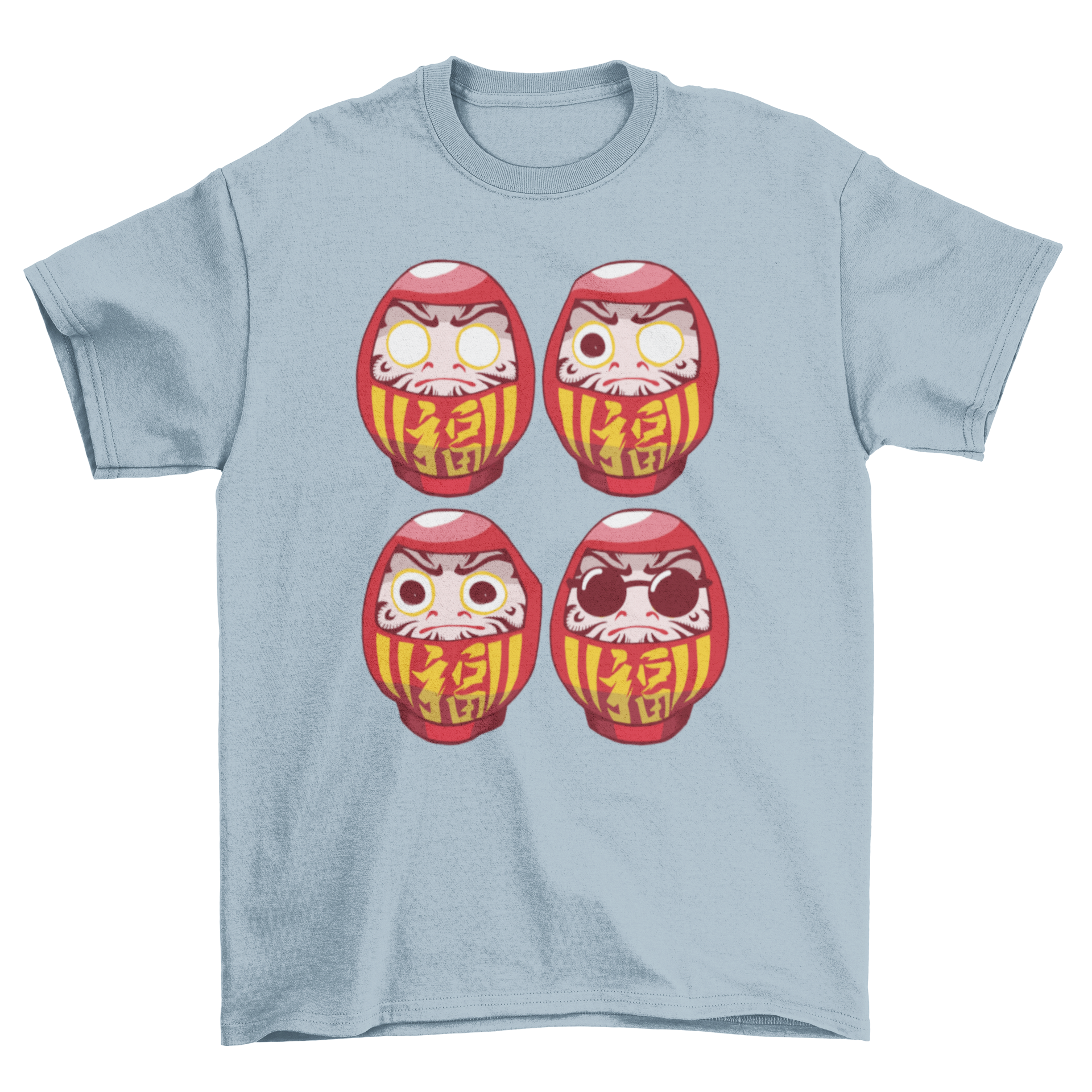 Daruma Sunglasses T-shirt featuring four colorful Daruma dolls, one wearing stylish sunglasses.