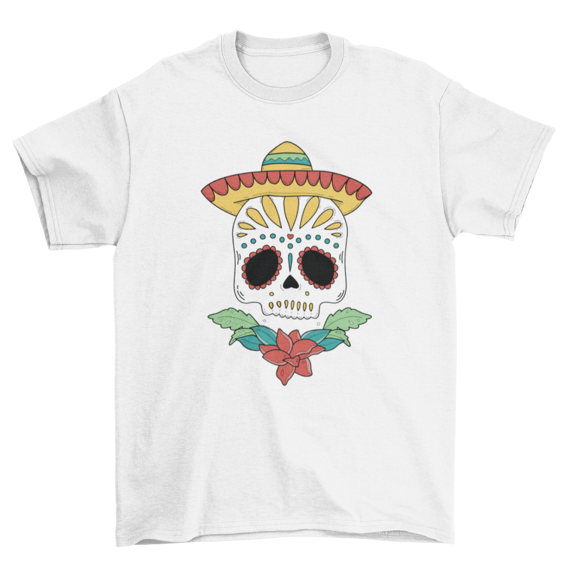 Day of the Dead sugar skull t-shirt featuring a colorful skull design with a Mexican hat and floral elements.