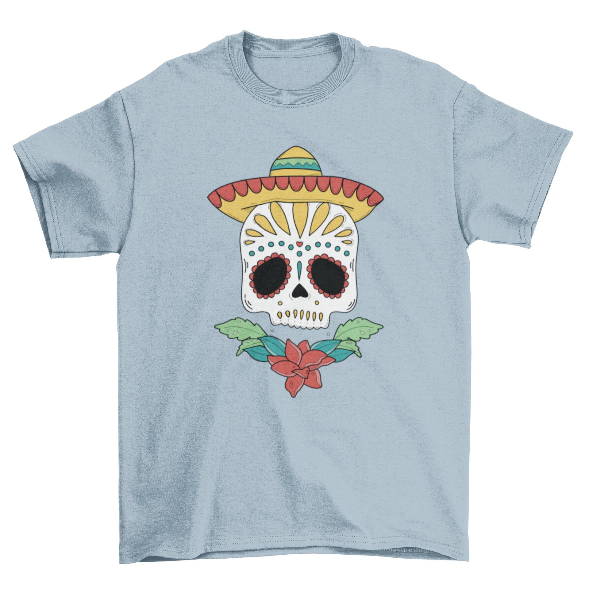 Day of the Dead sugar skull t-shirt featuring a colorful skull design with a Mexican hat and floral elements.