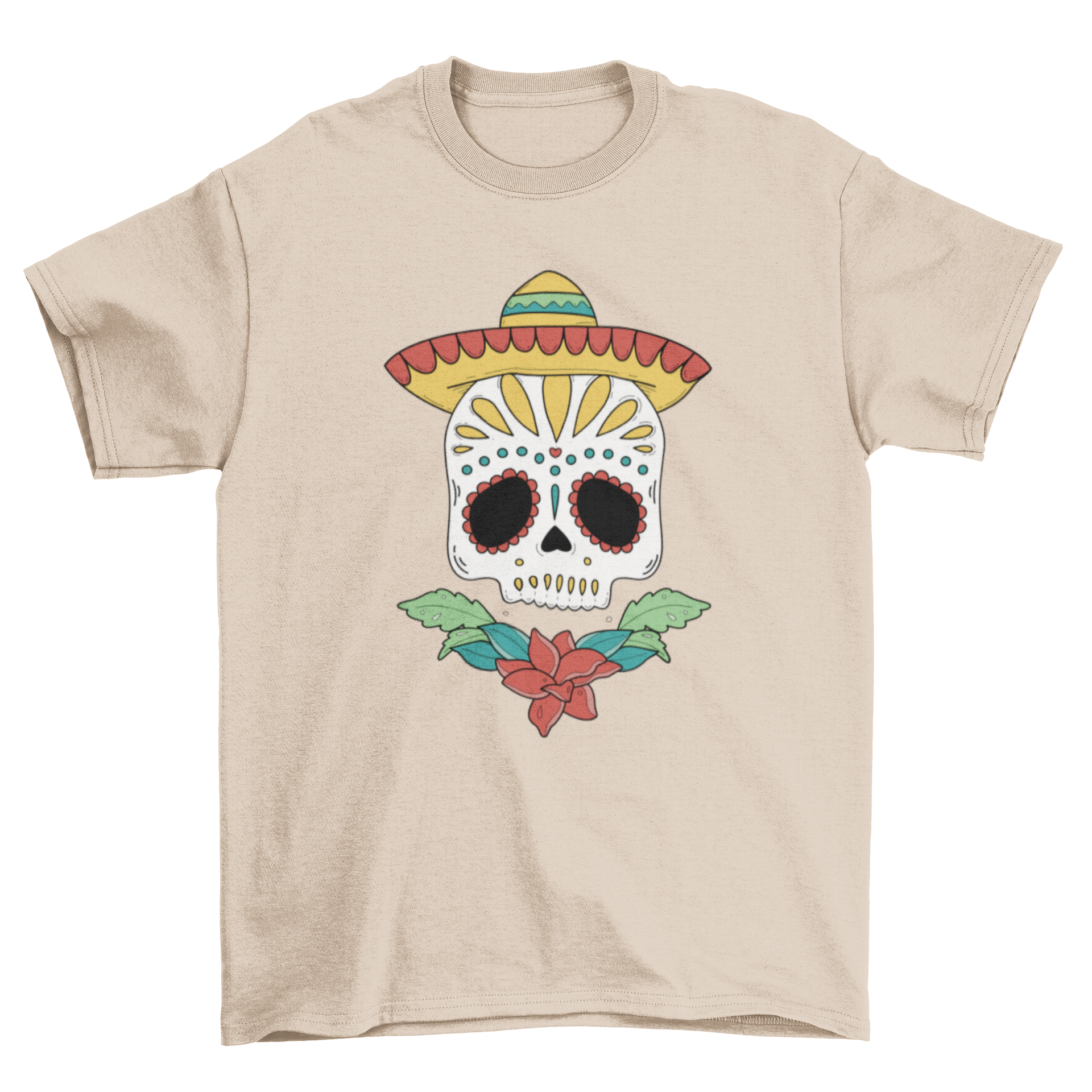 Day of the Dead sugar skull t-shirt featuring a colorful skull design with a Mexican hat and floral elements.