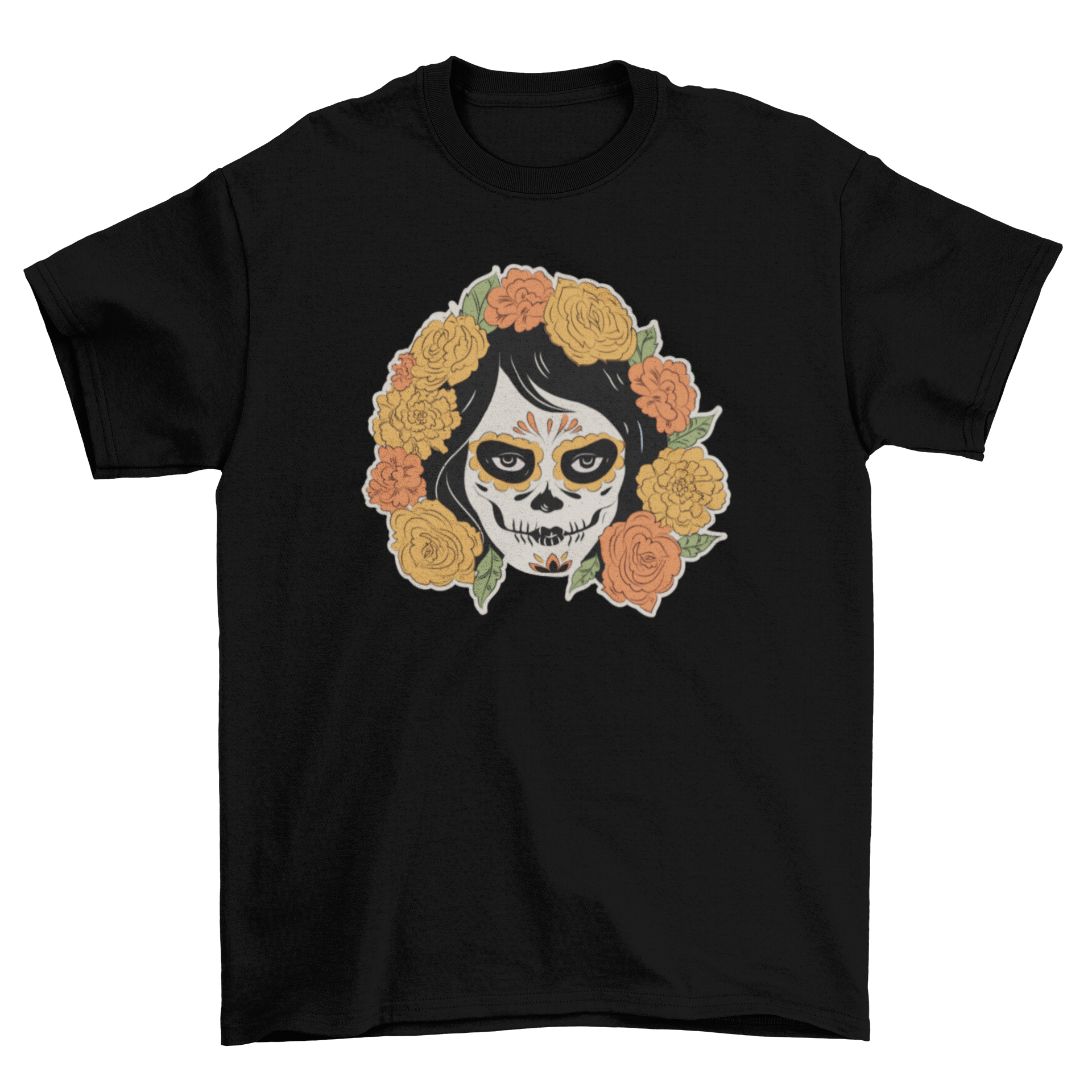 A vibrant Day of the Dead t-shirt featuring a woman's skull face adorned with colorful flowers.