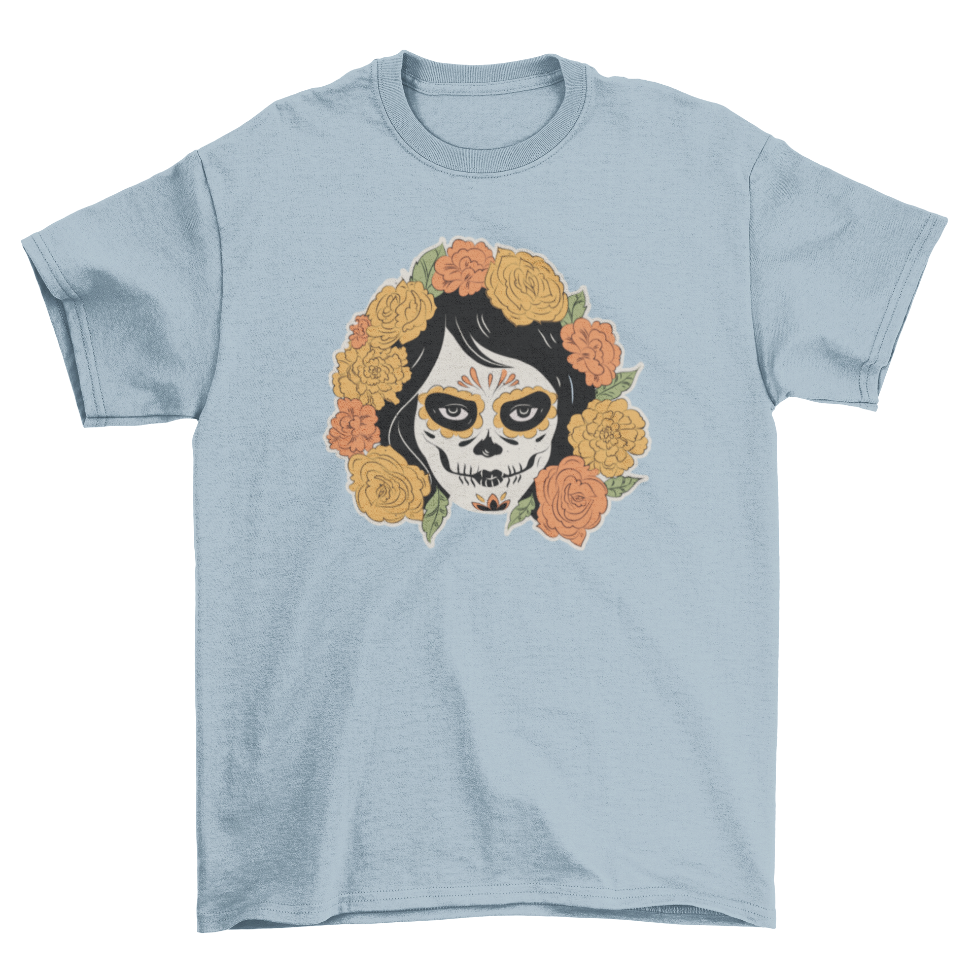 A vibrant Day of the Dead t-shirt featuring a woman's skull face adorned with colorful flowers.