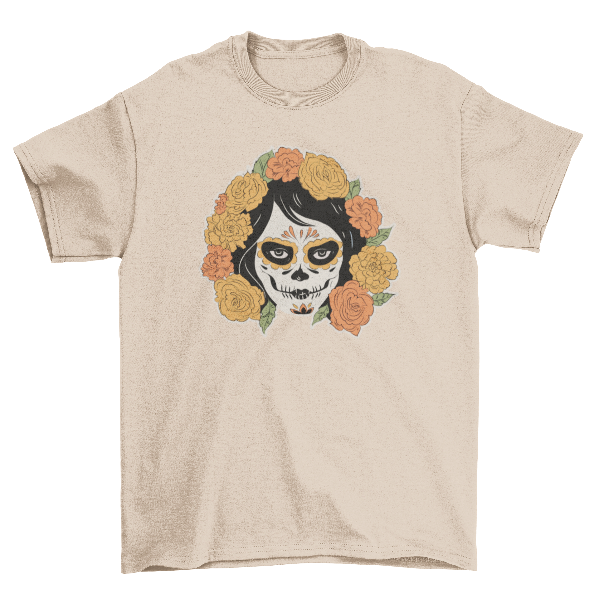 A vibrant Day of the Dead t-shirt featuring a woman's skull face adorned with colorful flowers.