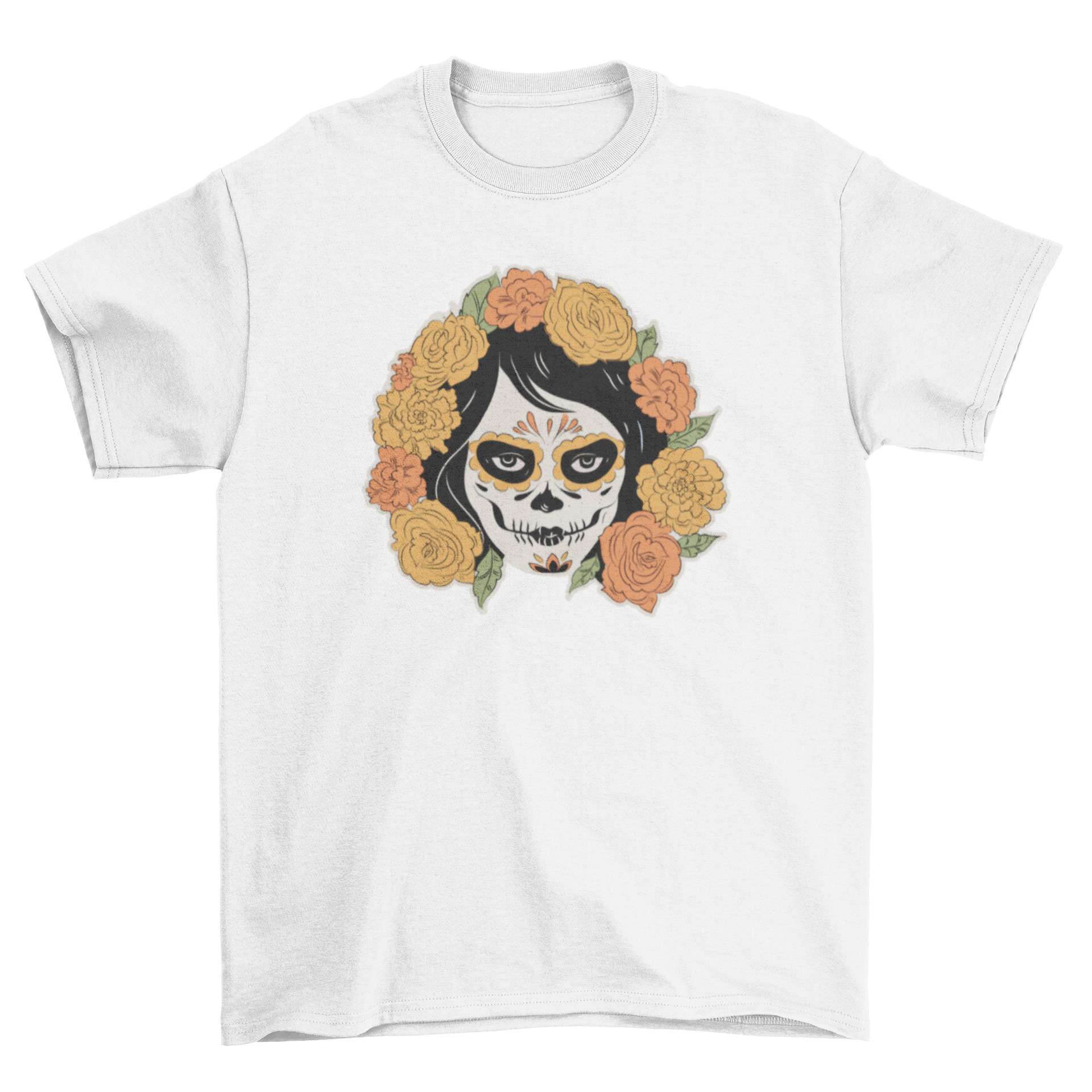 A vibrant Day of the Dead t-shirt featuring a woman's skull face adorned with colorful flowers.