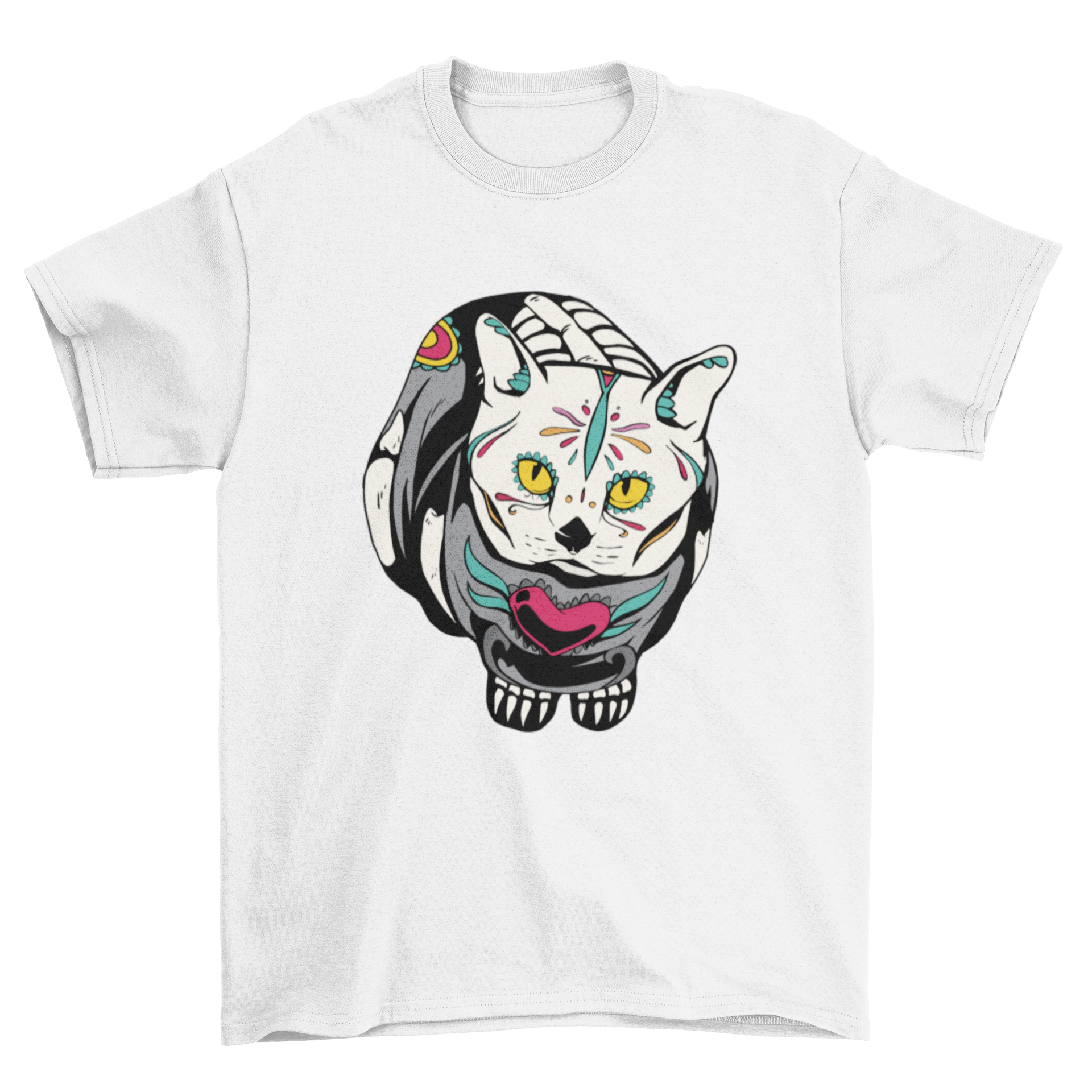 Dead Cat Day meowtos t-shirt featuring a skeleton cat design painted as a colorful sugar skull.