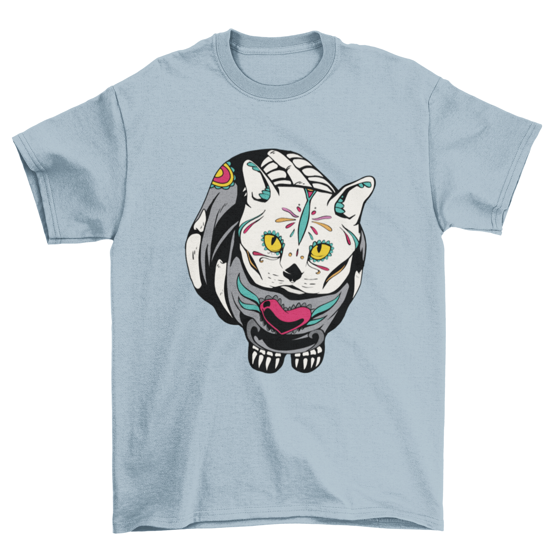 Dead Cat Day meowtos t-shirt featuring a skeleton cat design painted as a colorful sugar skull.