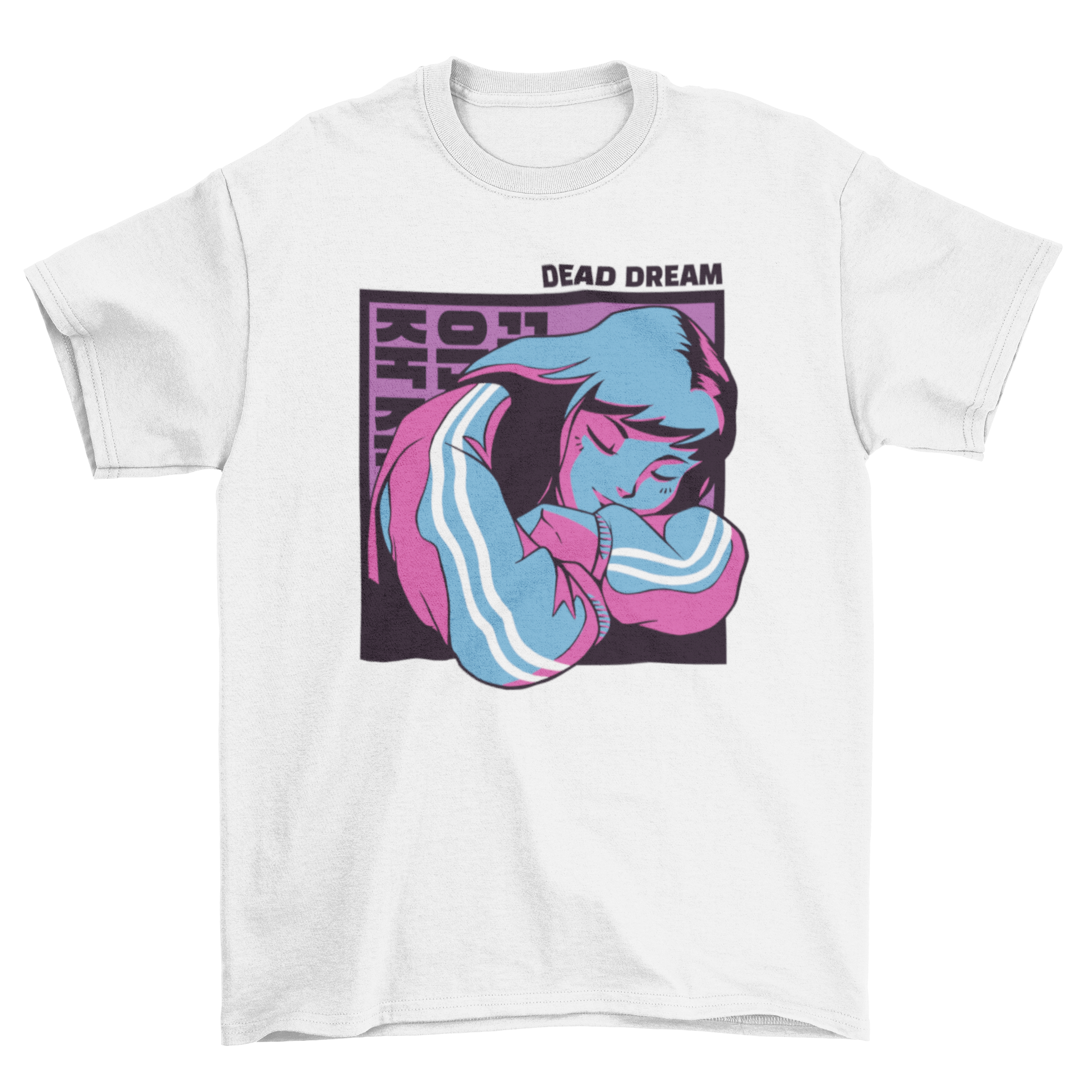 Dead Dream T-shirt featuring a girl sleeping with Korean letters in the background, showcasing a unique and artistic design.