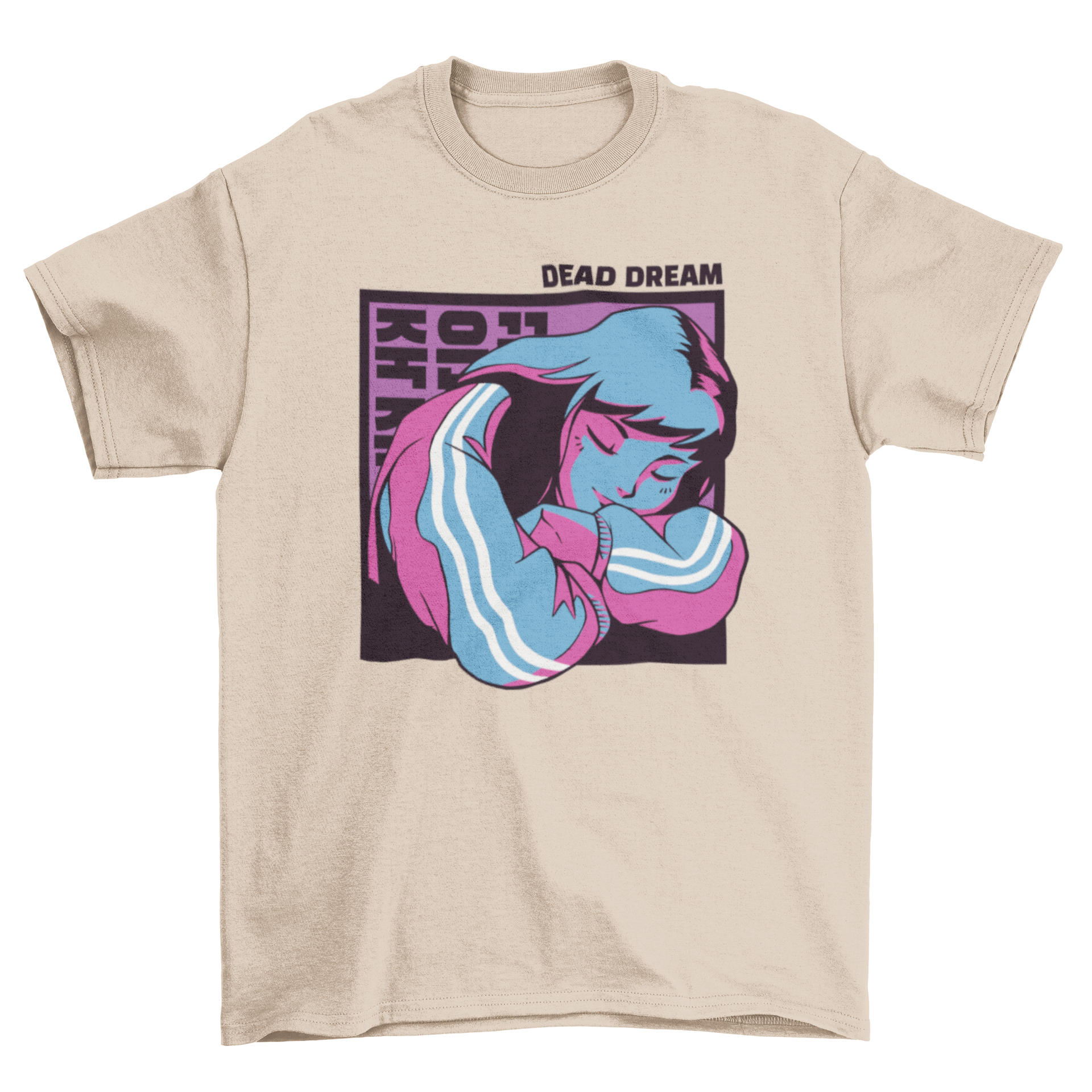 Dead Dream T-shirt featuring a girl sleeping with Korean letters in the background, showcasing a unique and artistic design.