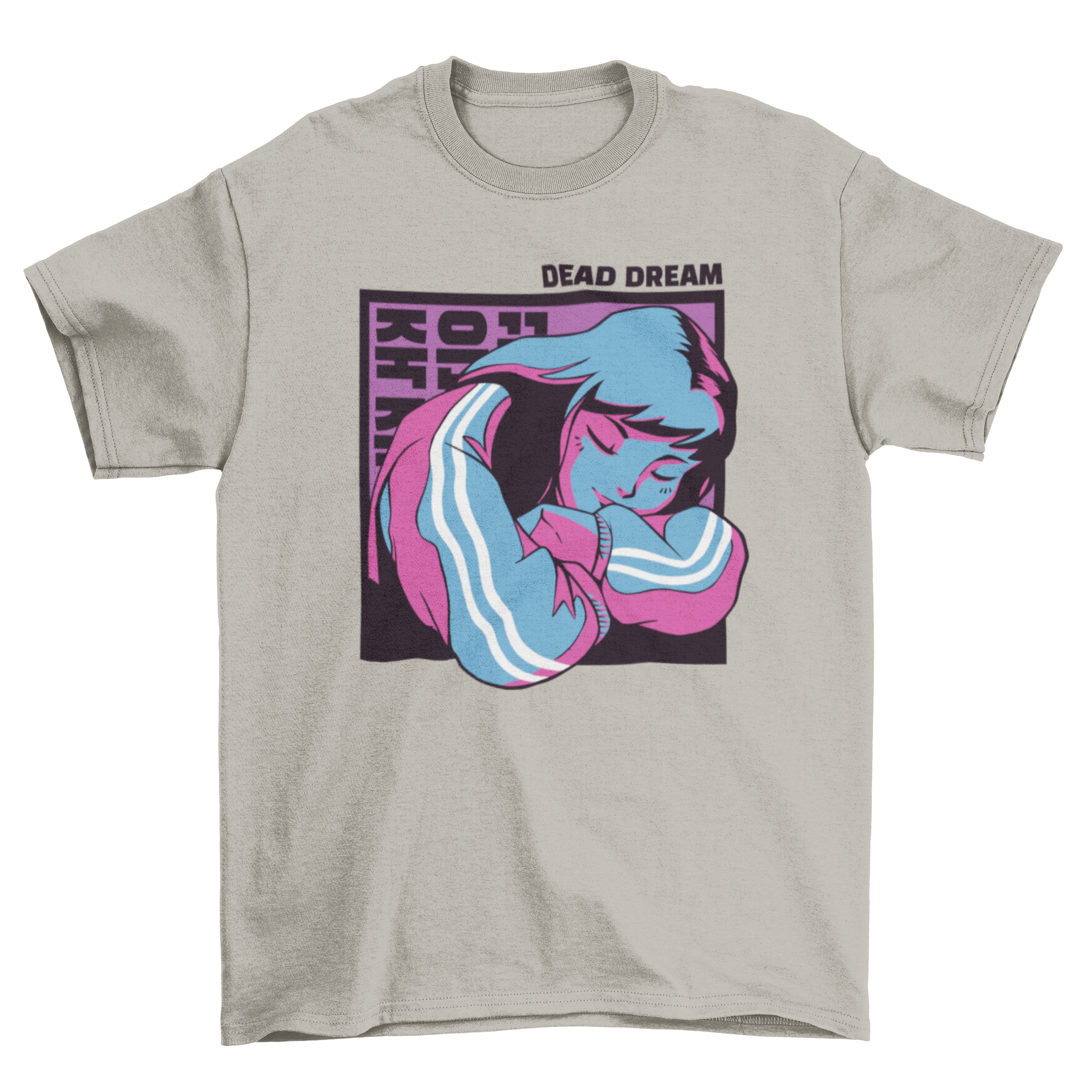 Dead Dream T-shirt featuring a girl sleeping with Korean letters in the background, showcasing a unique and artistic design.