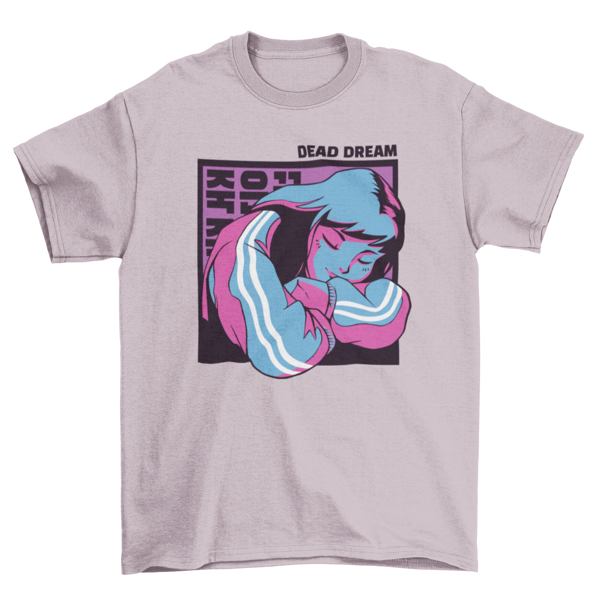 Dead Dream T-shirt featuring a girl sleeping with Korean letters in the background, showcasing a unique and artistic design.