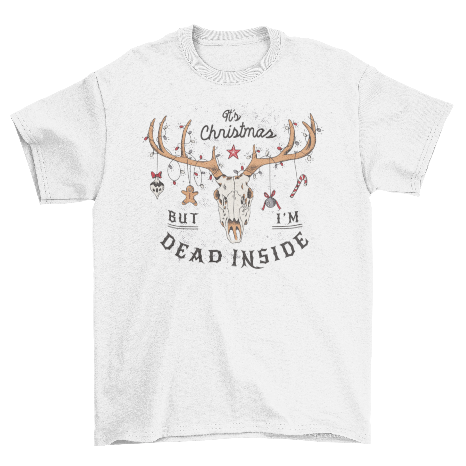 Dead Inside anti-Christmas t-shirt featuring a deer skull with Christmas decorations and a humorous quote.