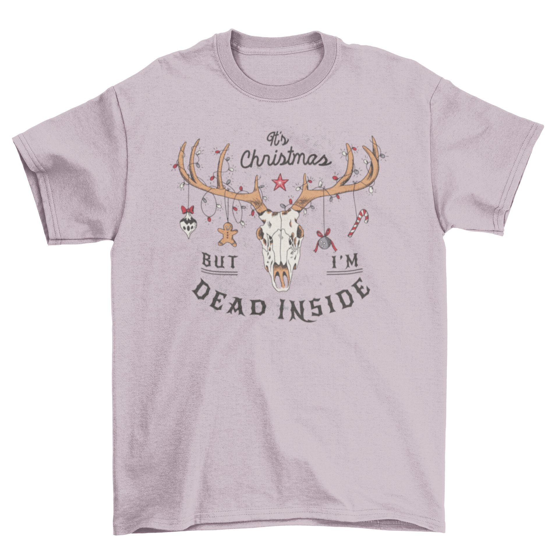 Dead Inside anti-Christmas t-shirt featuring a deer skull with Christmas decorations and a humorous quote.