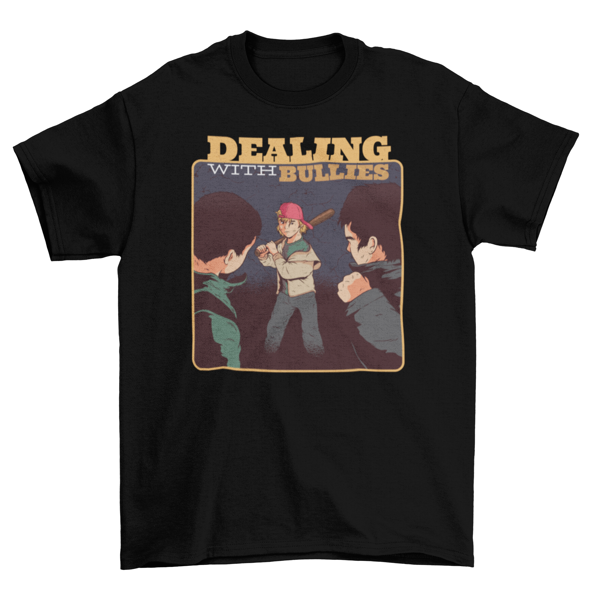 Dealing with Bullies T-Shirt featuring a small boy with a baseball bat, symbolizing courage against bullying.