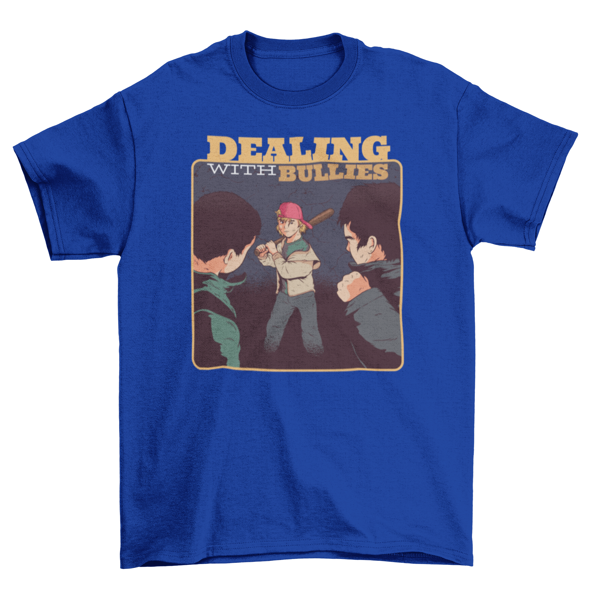 Dealing with Bullies T-Shirt featuring a small boy with a baseball bat, symbolizing courage against bullying.