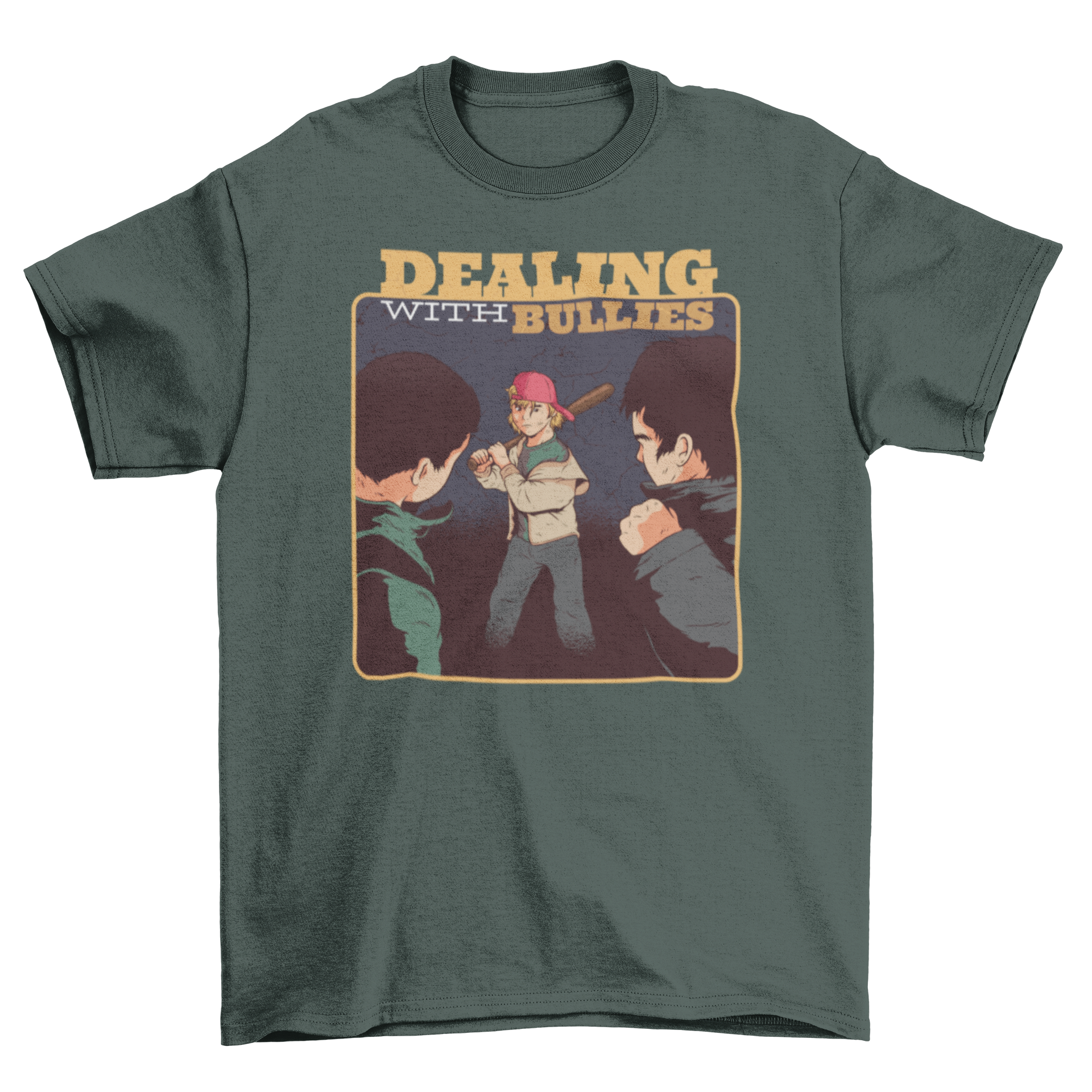 Dealing with Bullies T-Shirt featuring a small boy with a baseball bat, symbolizing courage against bullying.