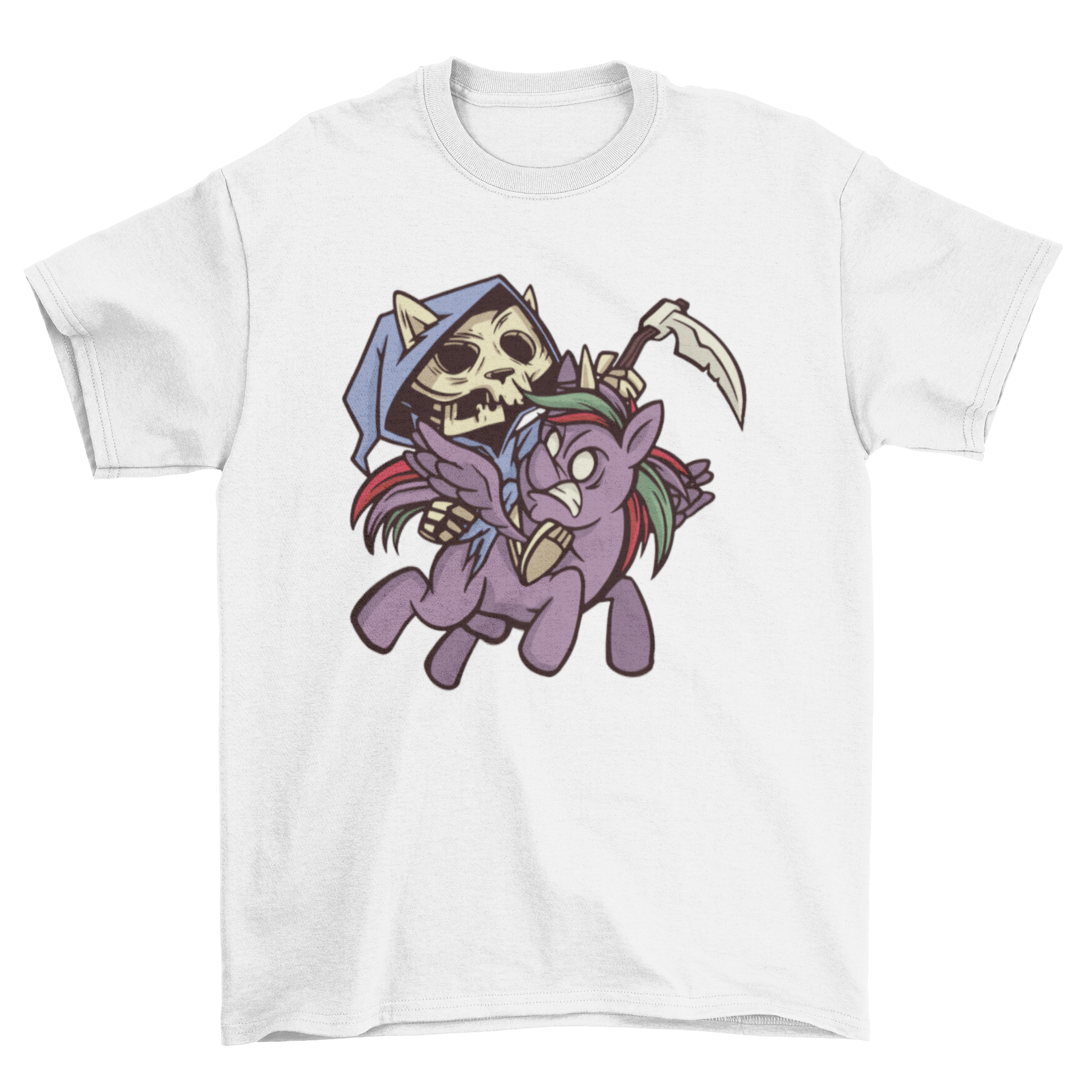 Death Apocalypse Horsecat T-shirt featuring a cat as Death riding a unicorn, showcasing a unique and whimsical design.