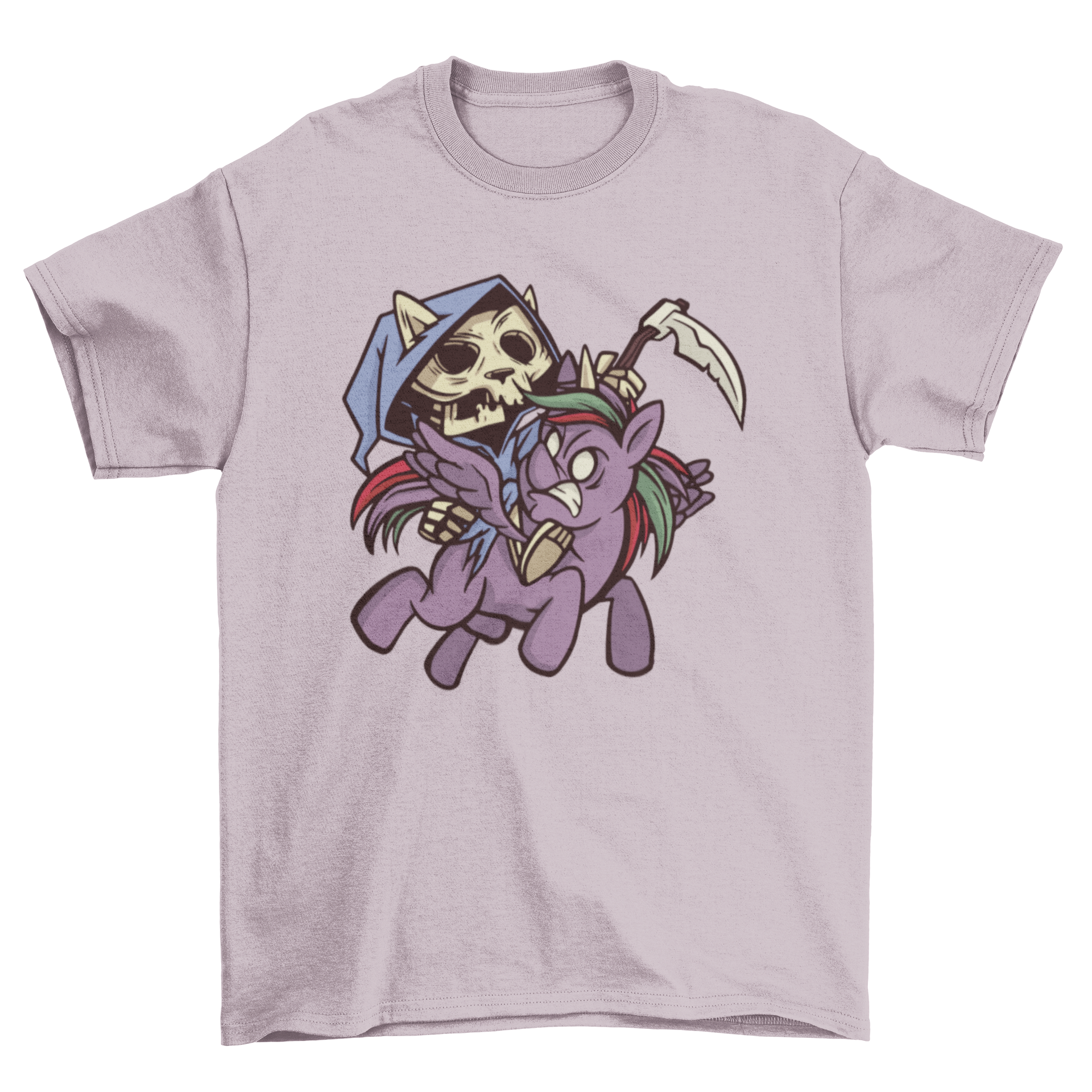 Death Apocalypse Horsecat T-shirt featuring a cat as Death riding a unicorn, showcasing a unique and whimsical design.