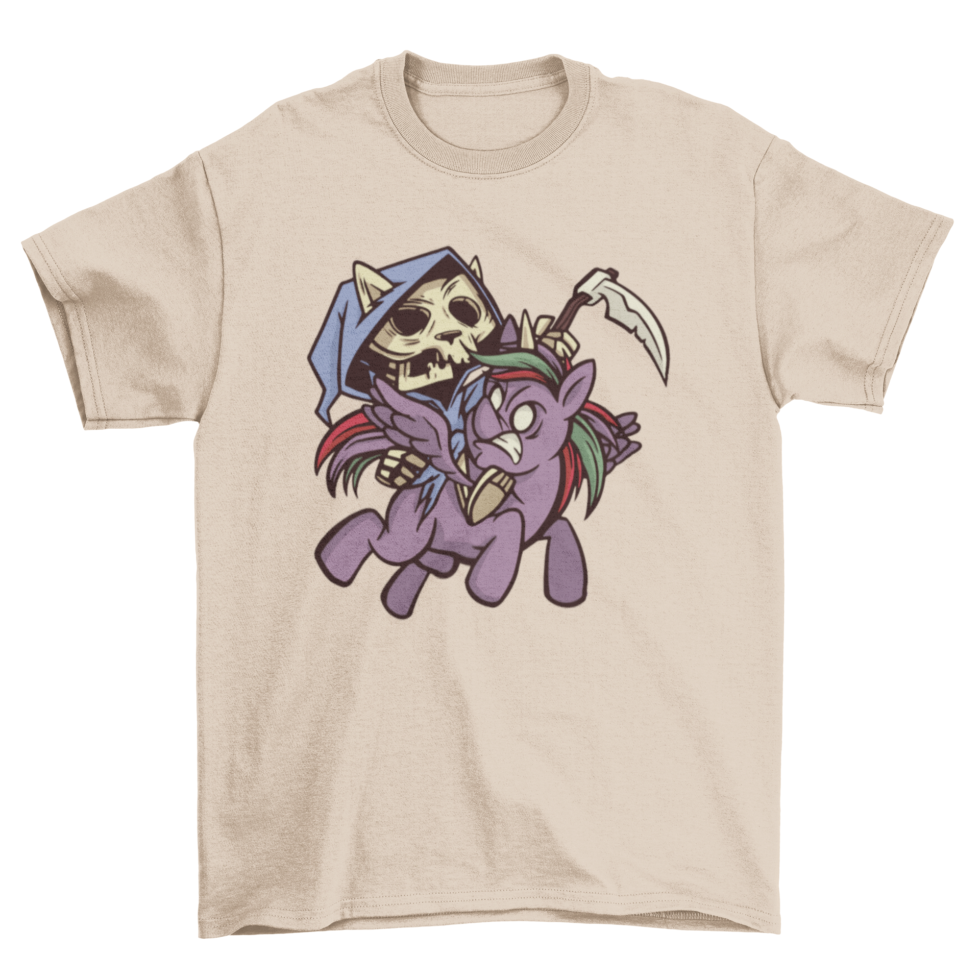 Death Apocalypse Horsecat T-shirt featuring a cat as Death riding a unicorn, showcasing a unique and whimsical design.