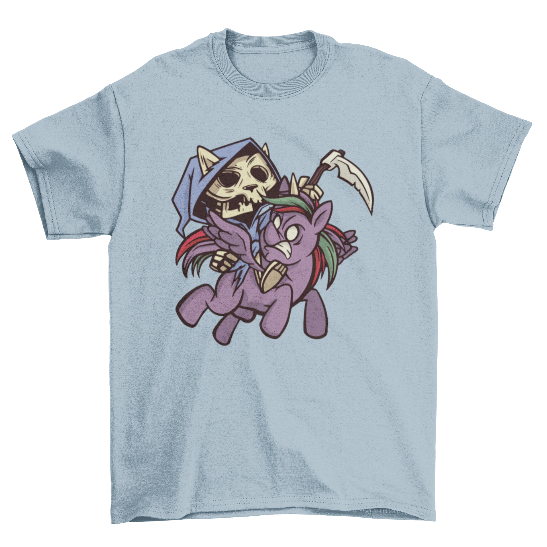 Death Apocalypse Horsecat T-shirt featuring a cat as Death riding a unicorn, showcasing a unique and whimsical design.