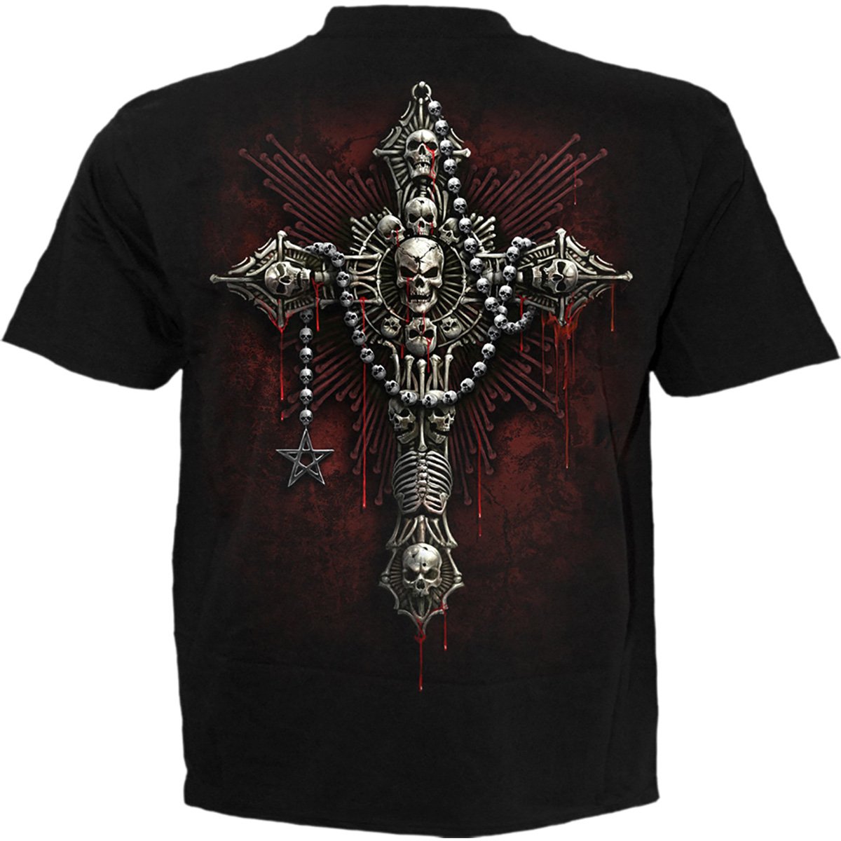 Black DEATH BONES T-Shirt featuring a skull and crucifix design made from bleached bones.