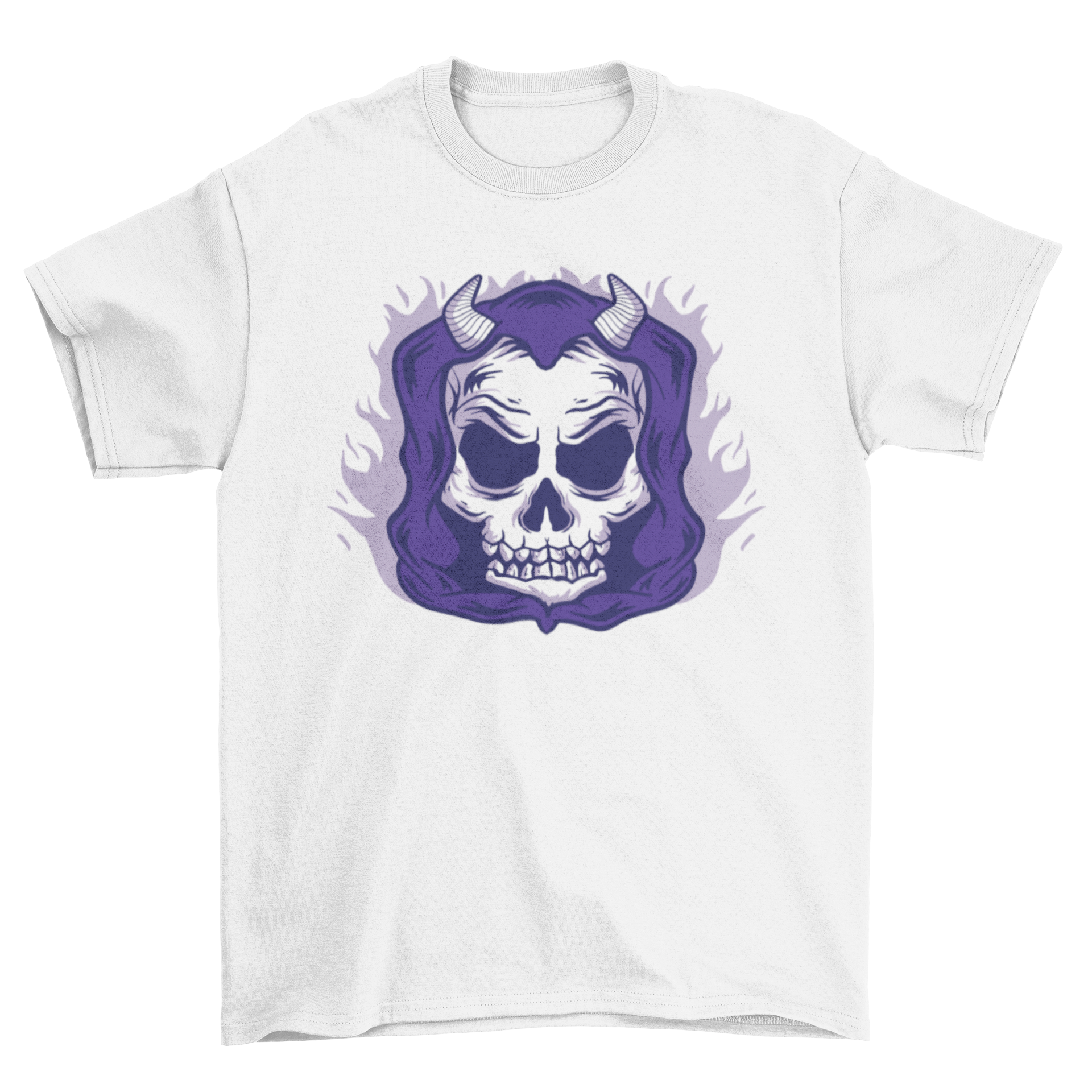 Death skull t-shirt featuring a skull with horns and a hoodie design, perfect for edgy fashion enthusiasts.