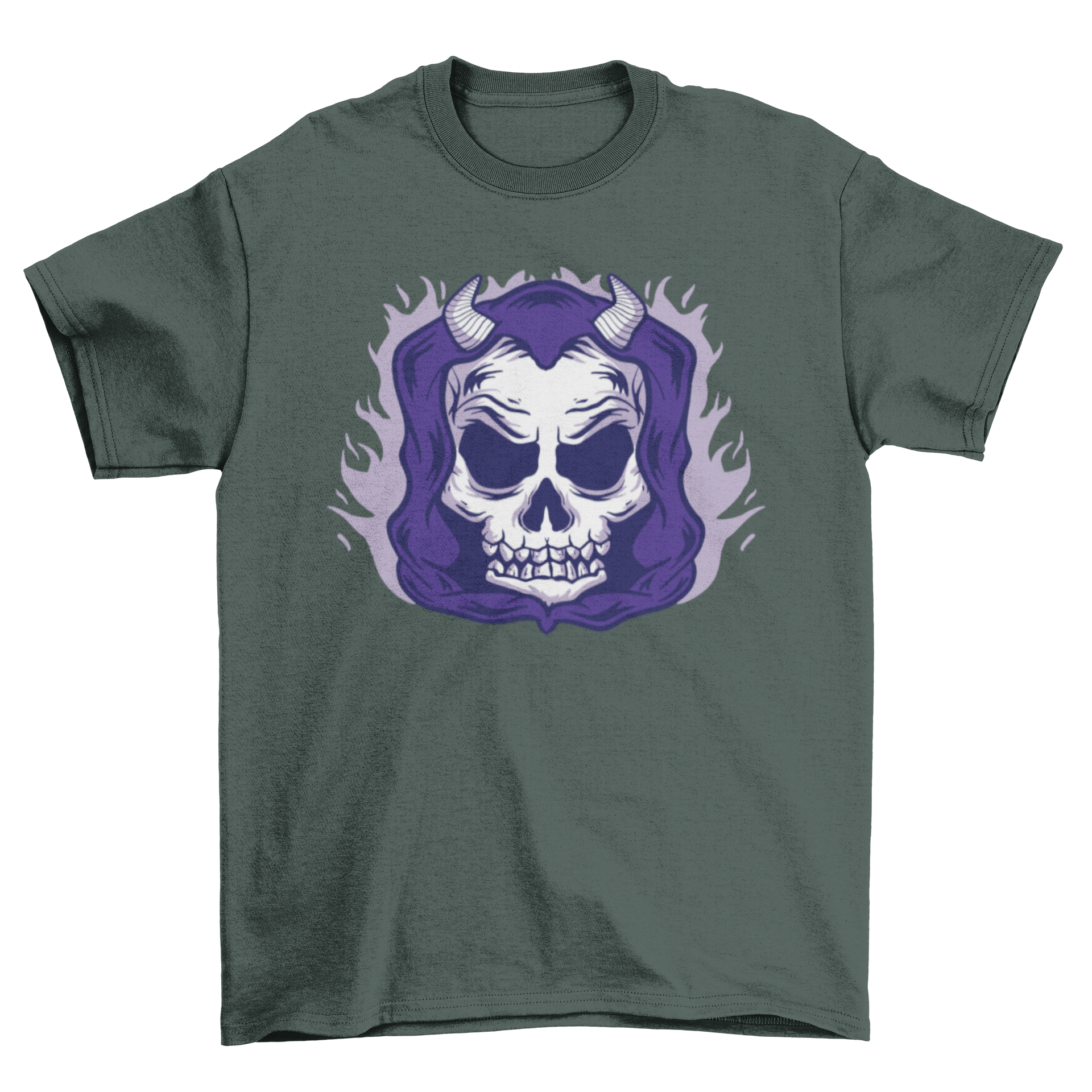 Death skull t-shirt featuring a skull with horns and a hoodie design, perfect for edgy fashion enthusiasts.