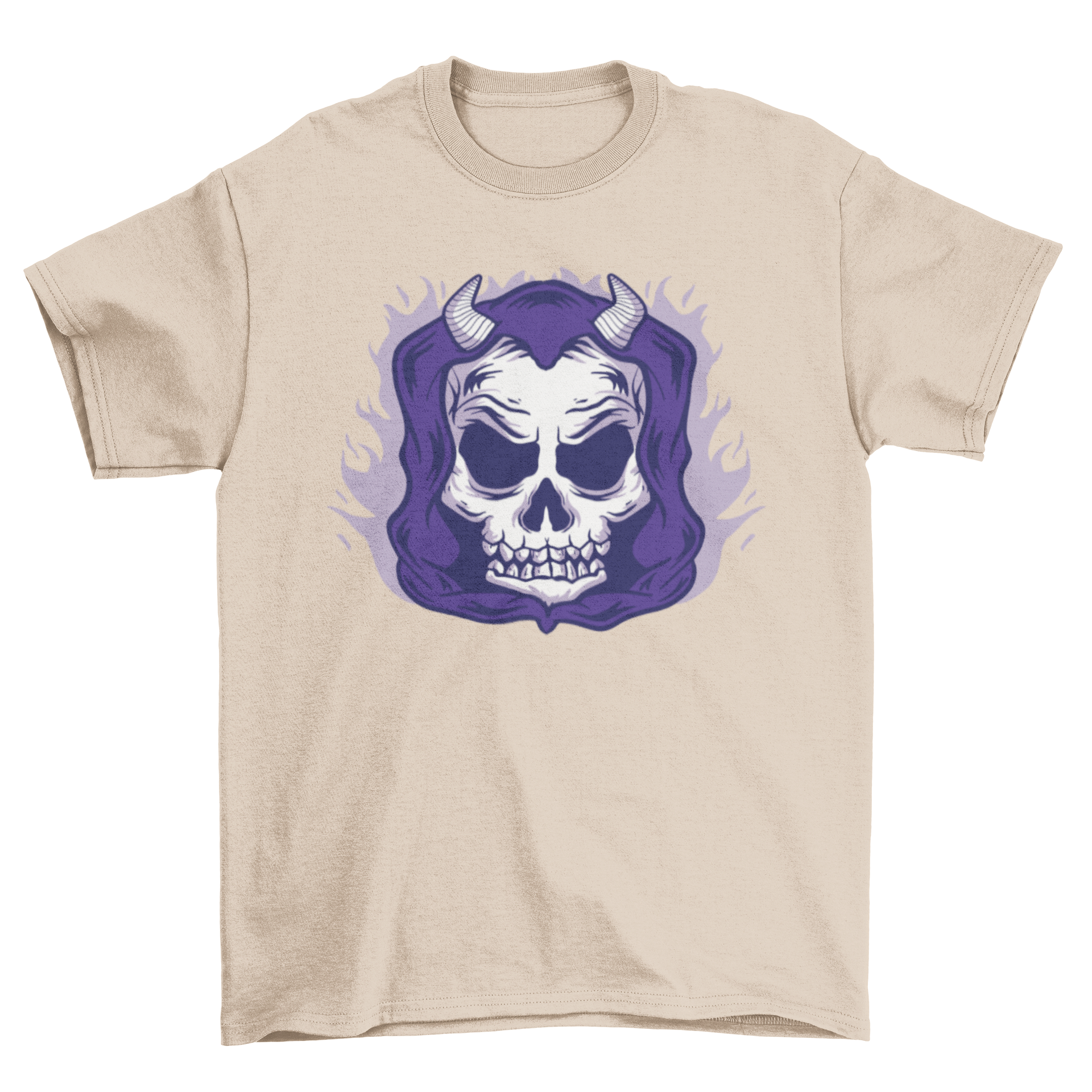 Death skull t-shirt featuring a skull with horns and a hoodie design, perfect for edgy fashion enthusiasts.