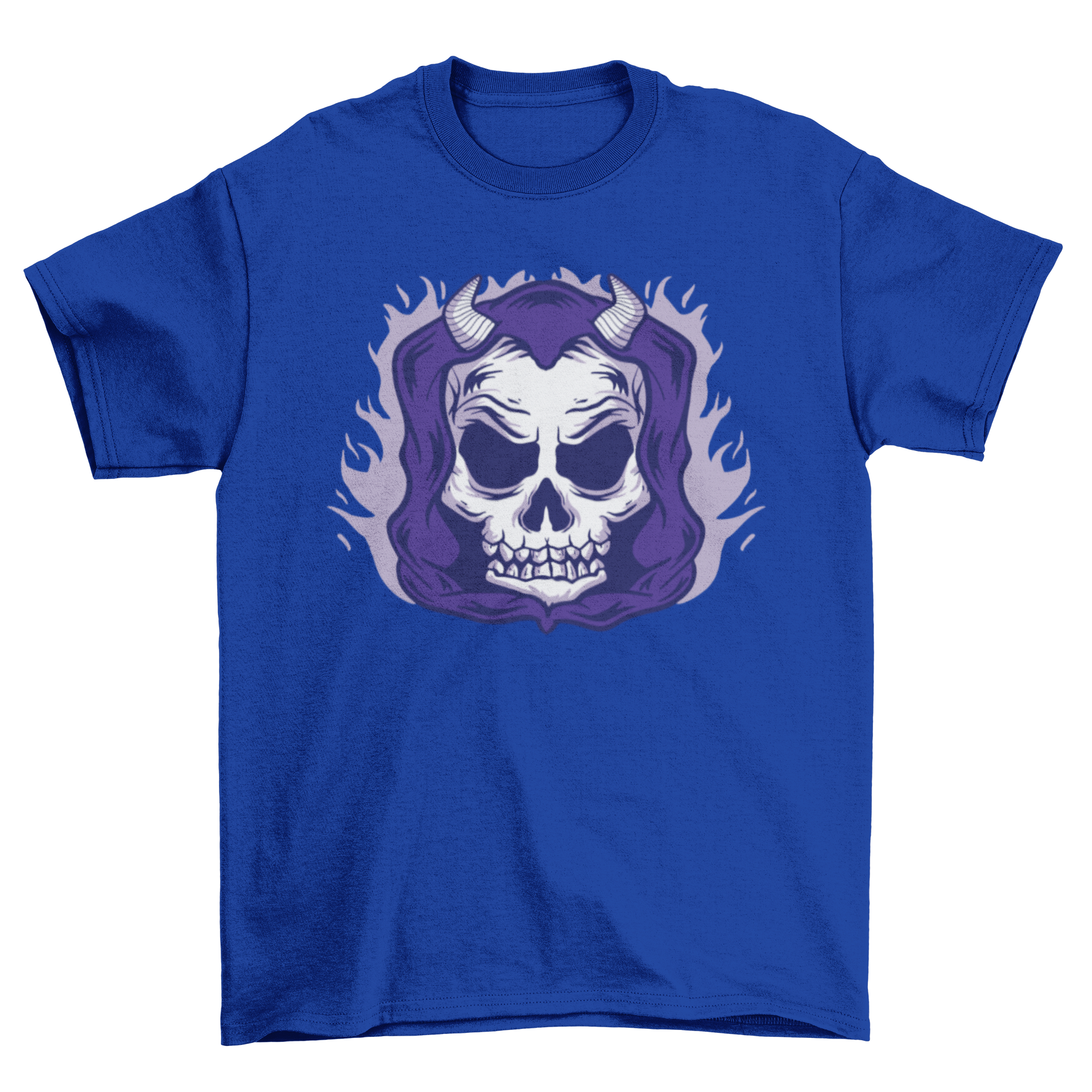 Death skull t-shirt featuring a skull with horns and a hoodie design, perfect for edgy fashion enthusiasts.