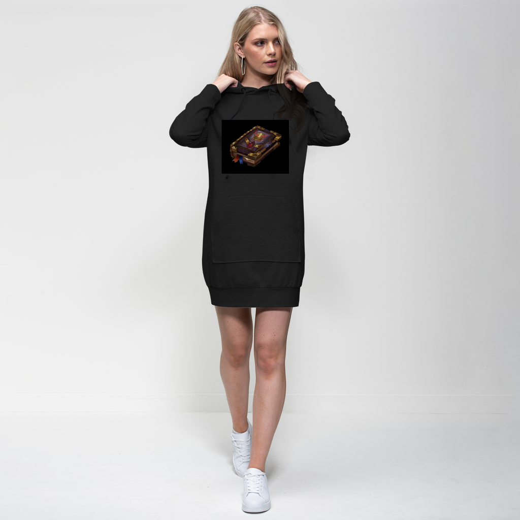 Death Spell Book Premium Adult Hoodie Dress featuring a relaxed fit, hood, and kangaroo pocket, made from soft cotton blend fabric.