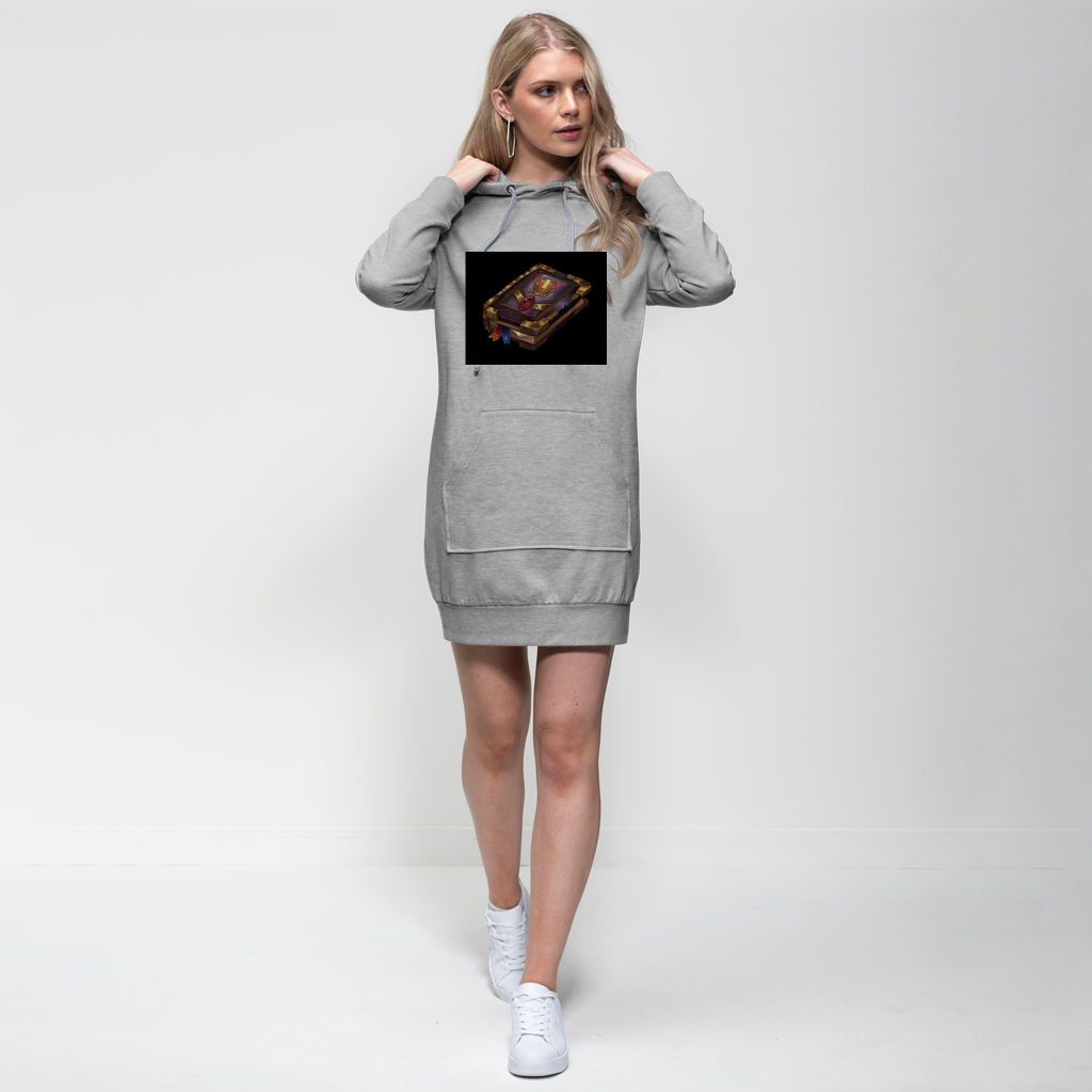 Death Spell Book Premium Adult Hoodie Dress featuring a relaxed fit, hood, and kangaroo pocket, made from soft cotton blend fabric.