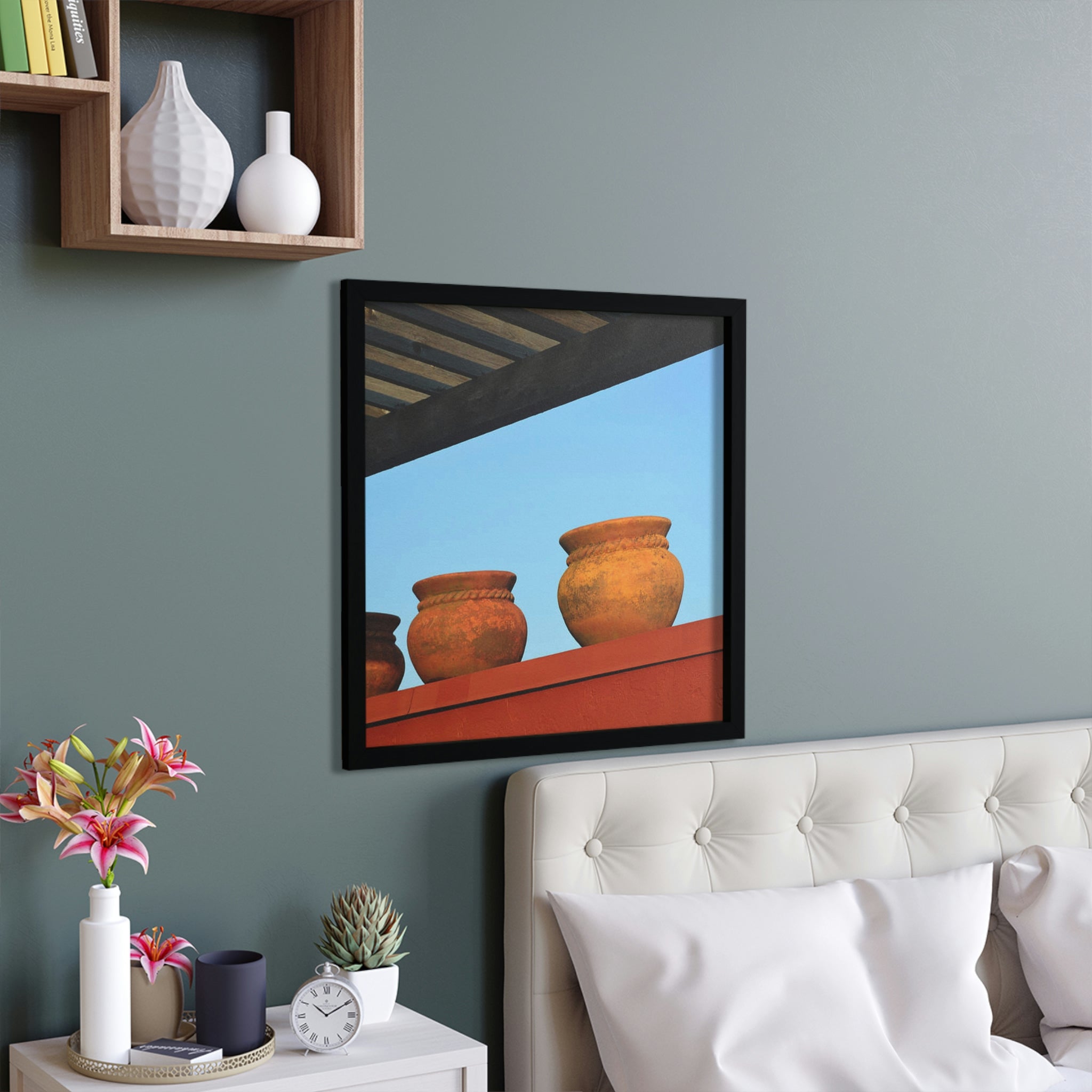 A beautifully framed poster featuring decorative vases, showcasing vibrant colors and intricate details, perfect for home decor.