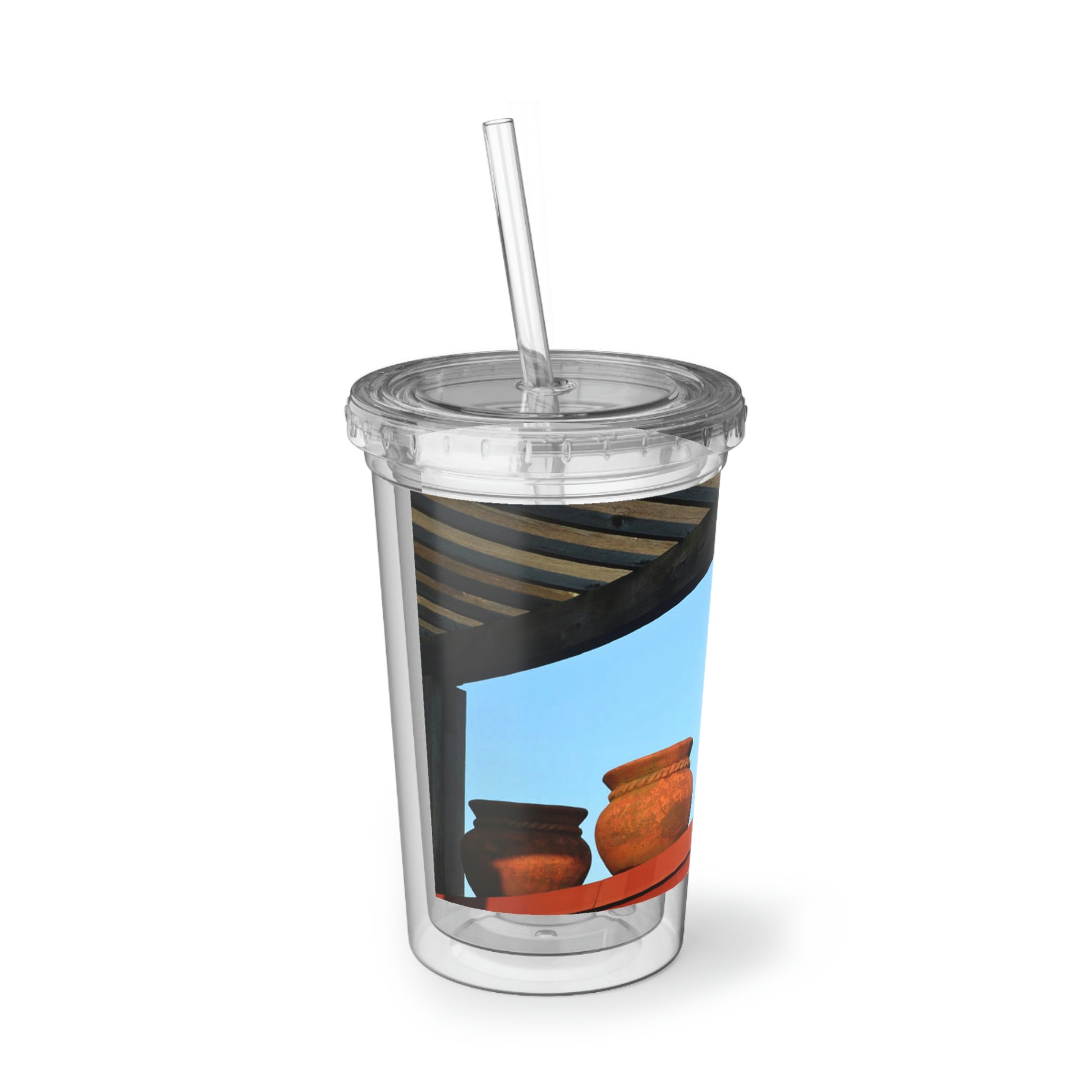 Decorative Vases Suave Acrylic Cup with vibrant artwork, double-wall insulation, and a straw, perfect for hot and cold beverages.