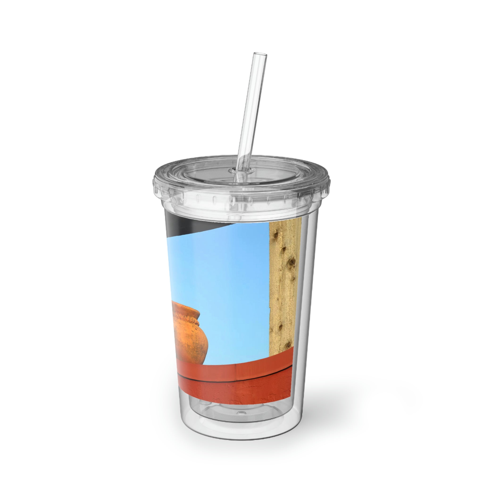 Decorative Vases Suave Acrylic Cup with vibrant artwork, double-wall insulation, and a straw, perfect for hot and cold beverages.