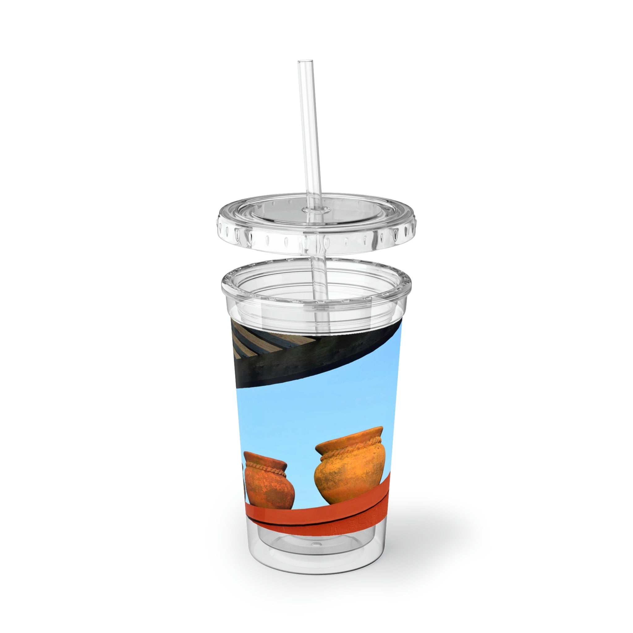 Decorative Vases Suave Acrylic Cup with vibrant artwork, double-wall insulation, and a straw, perfect for hot and cold beverages.