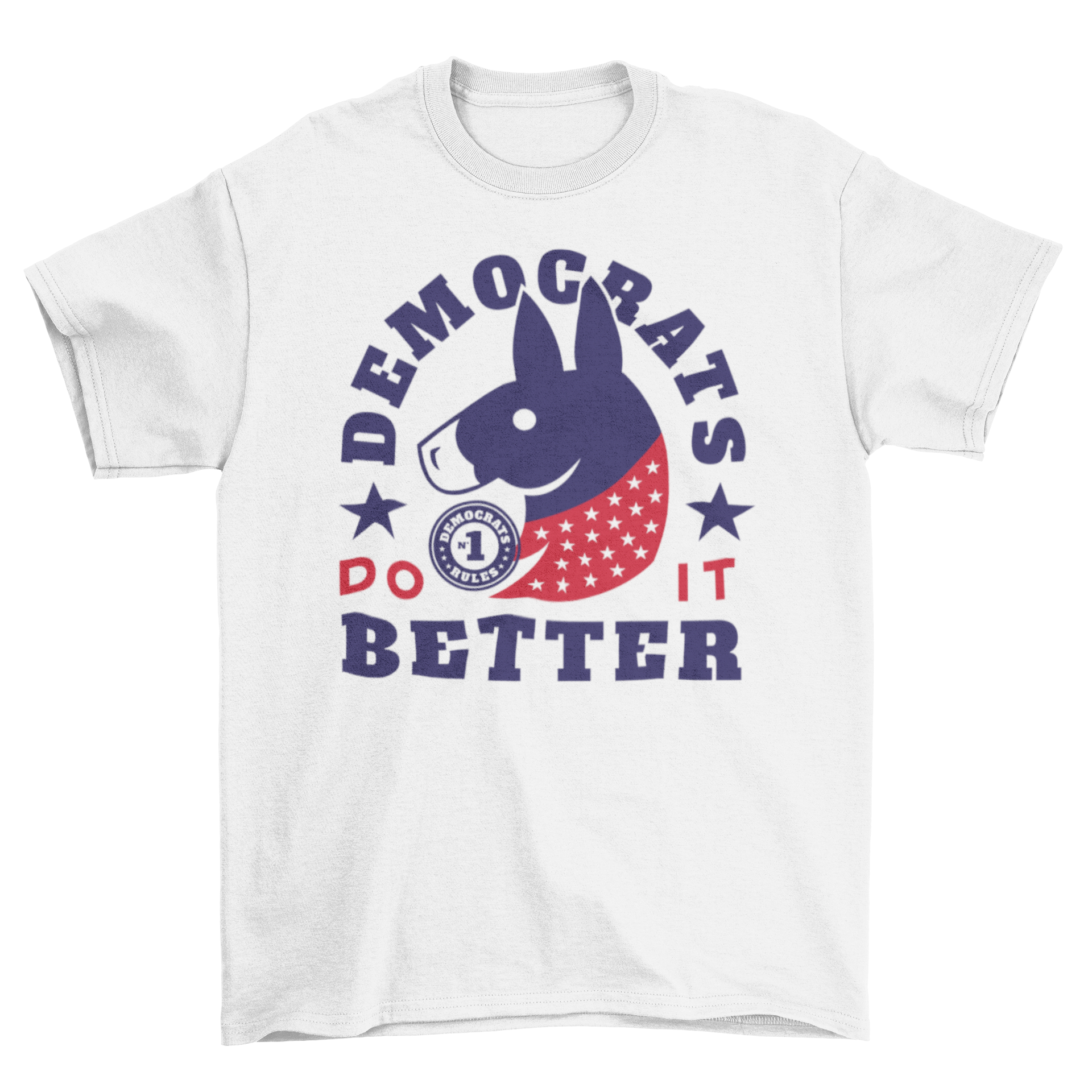 A stylish t-shirt featuring a donkey graphic and the quote 'Democrats do it better', perfect for political events.