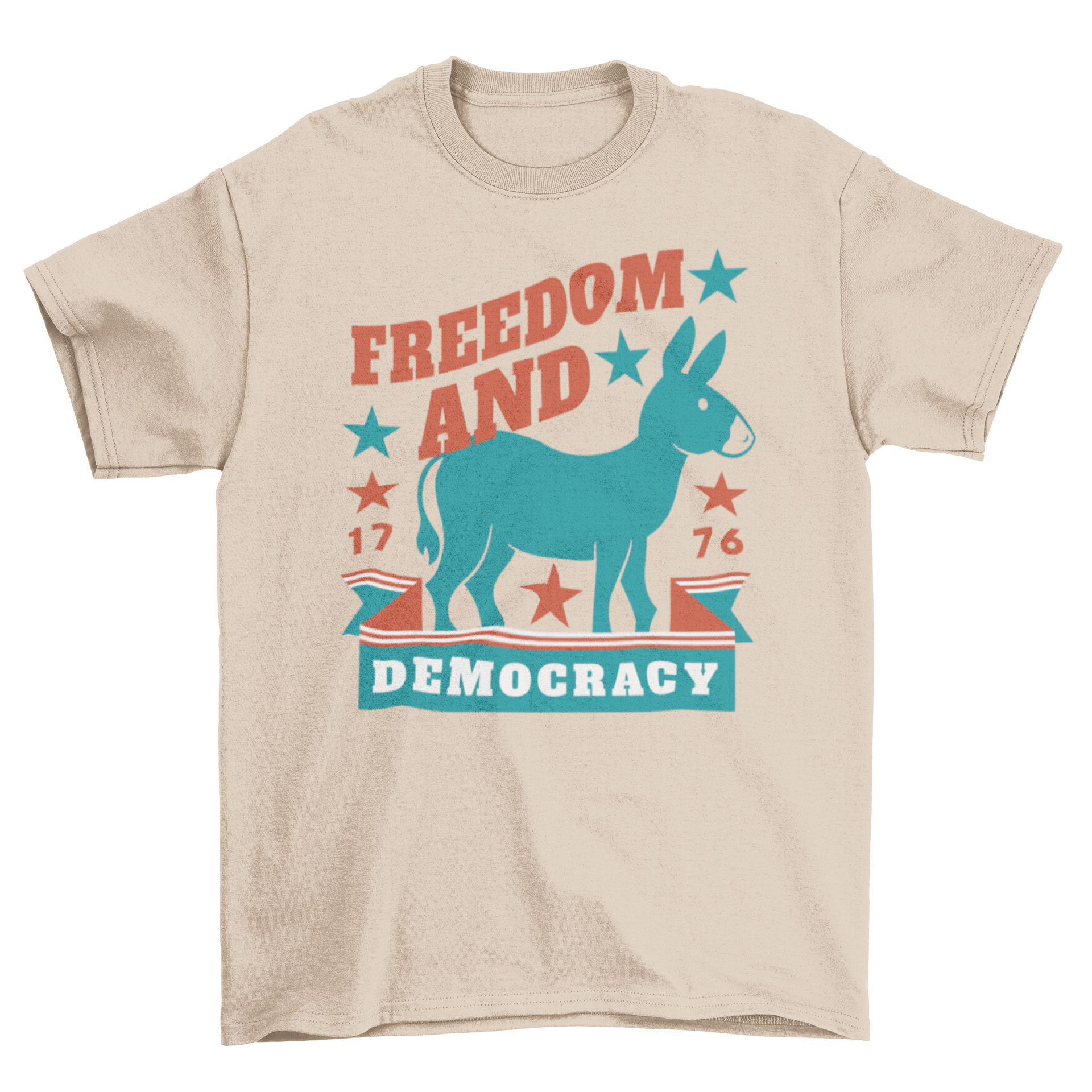 Democrats donkey t-shirt design featuring a donkey and the quote 'Freedom and democracy' in vibrant colors.