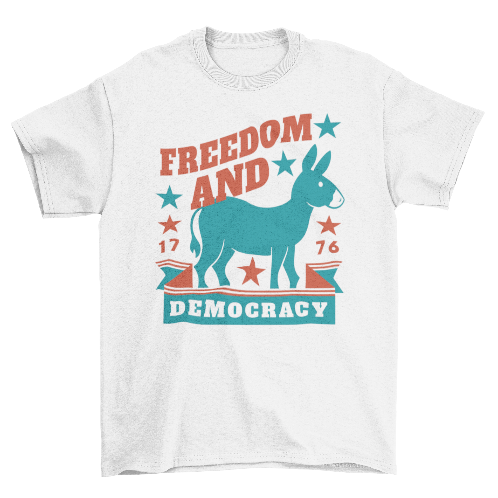 Democrats donkey t-shirt design featuring a donkey and the quote 'Freedom and democracy' in vibrant colors.