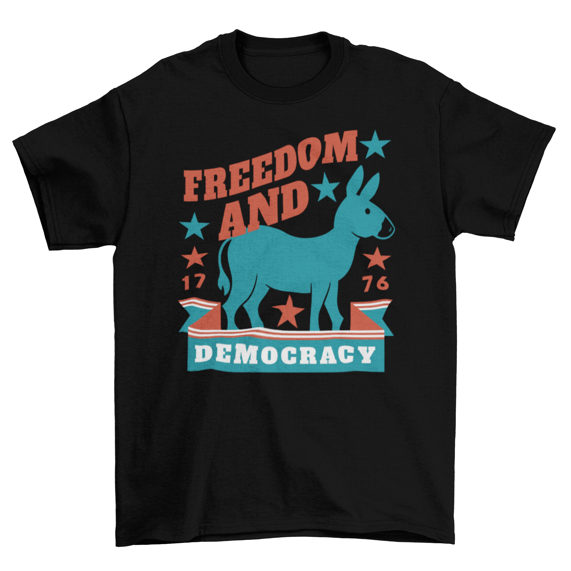 Democrats donkey t-shirt design featuring a donkey and the quote 'Freedom and democracy' in vibrant colors.