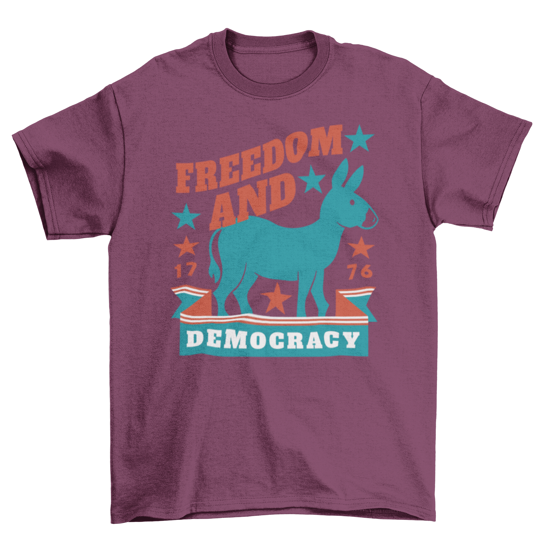 Democrats donkey t-shirt design featuring a donkey and the quote 'Freedom and democracy' in vibrant colors.