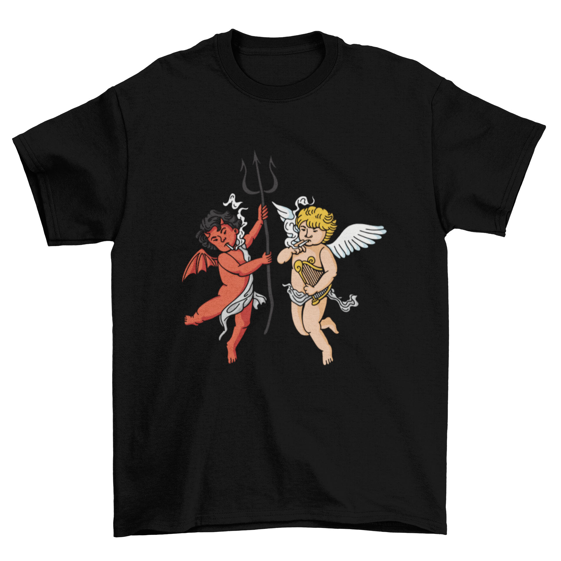 A stylish t-shirt featuring a demon and angel smoking, showcasing intricate artwork and bold colors.