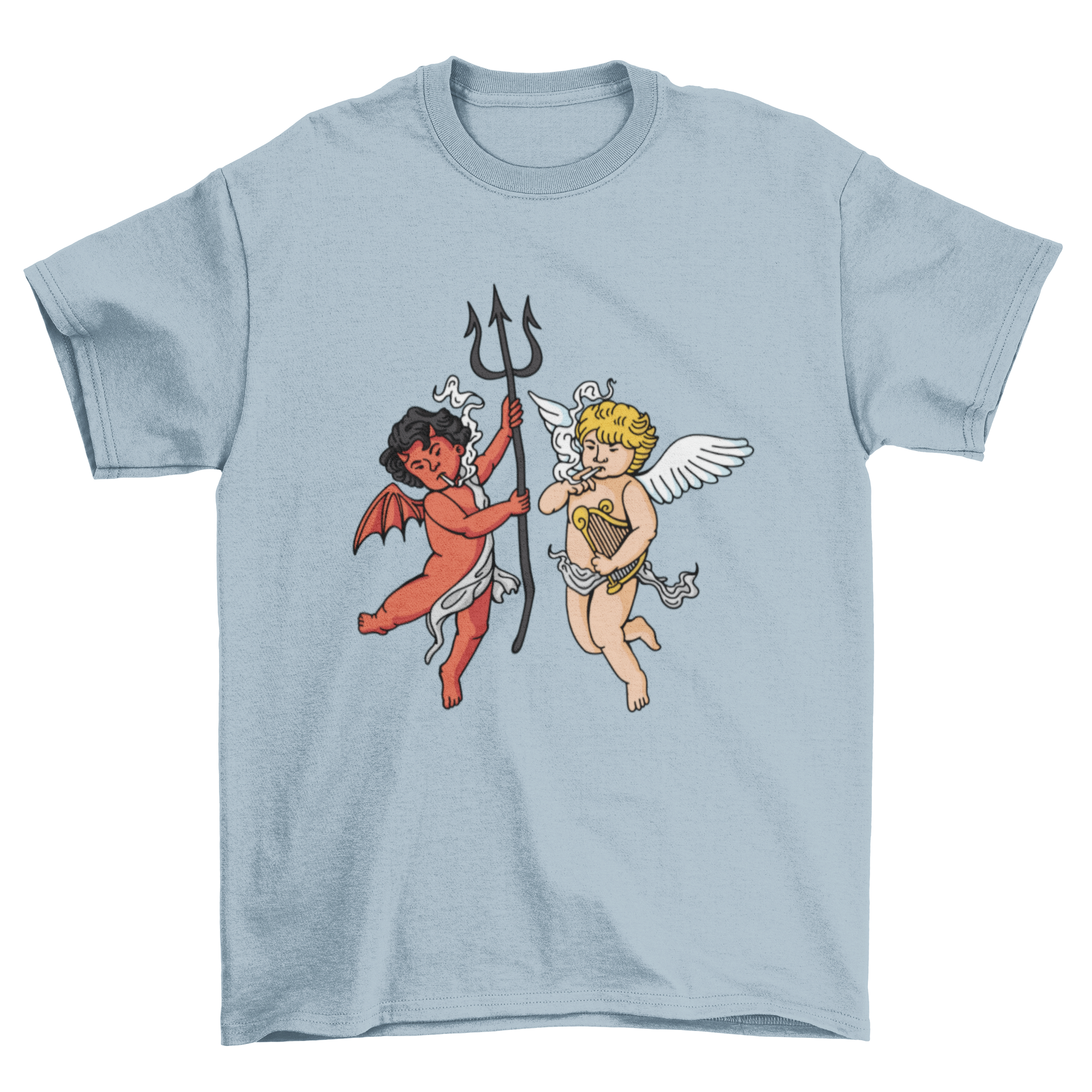 A stylish t-shirt featuring a demon and angel smoking, showcasing intricate artwork and bold colors.